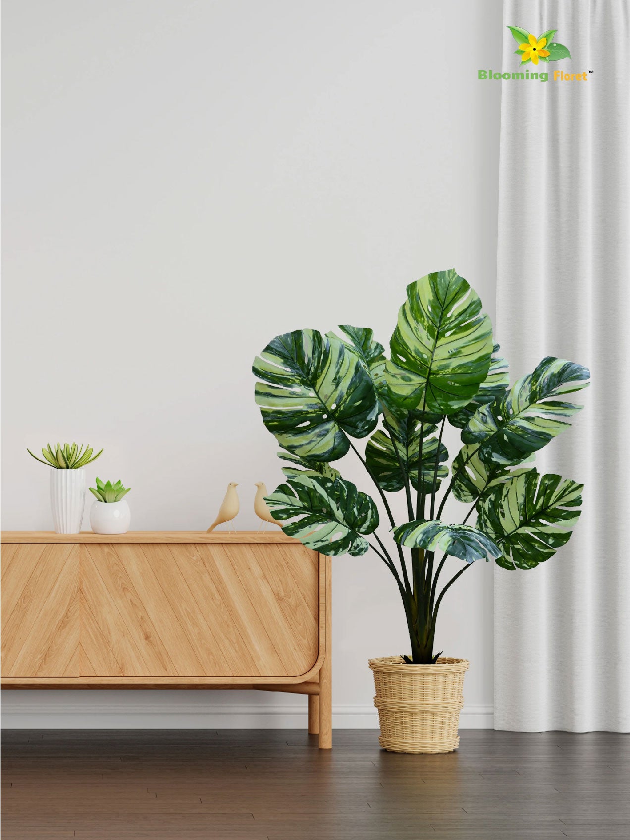 Artificial Monstera Tree Plant – 135 cm, 11 Leaves, Green Mix, with Basic Pot