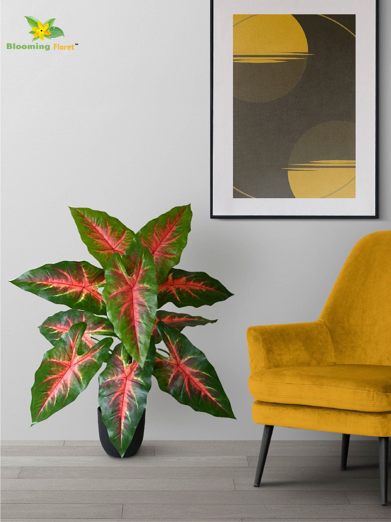 Artificial Red Patched Caladium Plant – 78 cm, 12 Leaves, with Basic Pot