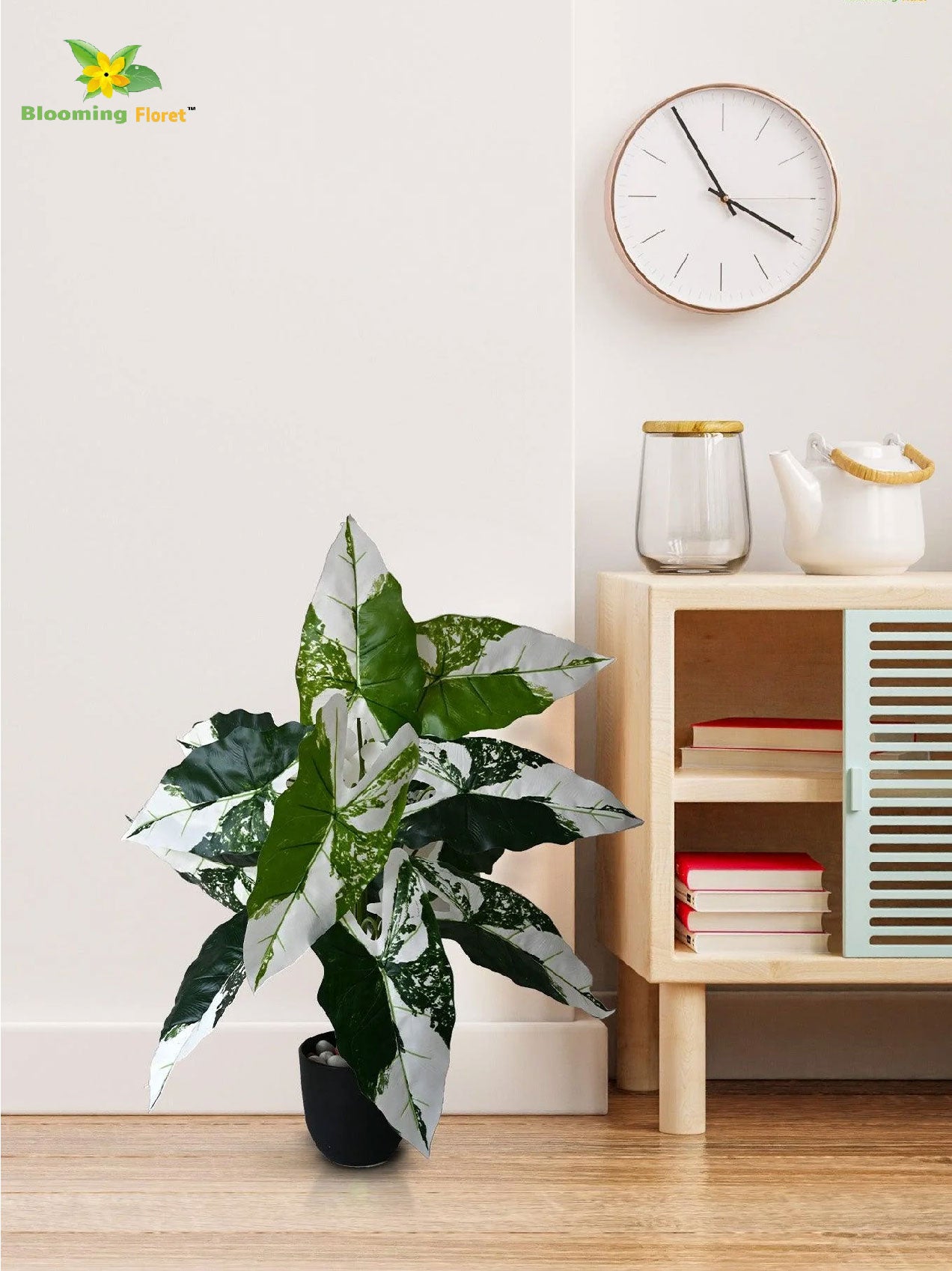 Artificial Caladium Plant – 78 cm, 12 Green and White Leaves, with Basic Pot