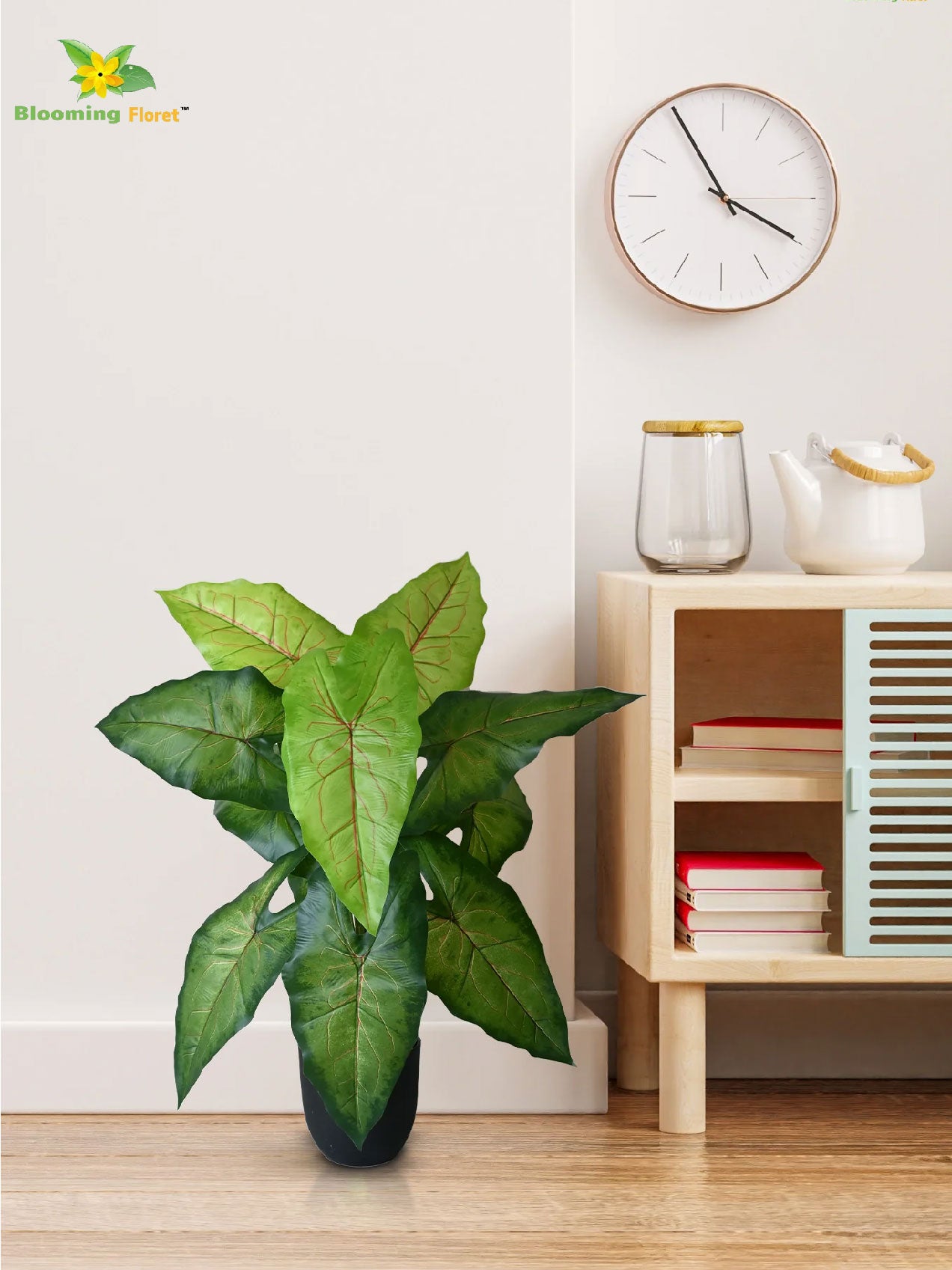 Artificial Caladium Plant – 78 cm, 12 Green Leaves, with Basic Pot