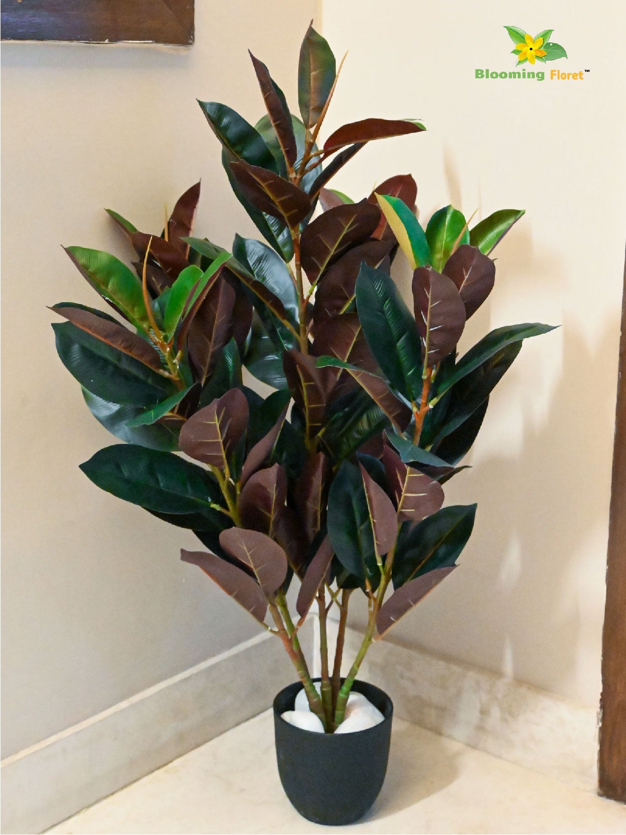 Artificial Rubber Plant – 85 cm, 104 Green and Red Leaves, with Basic Pot