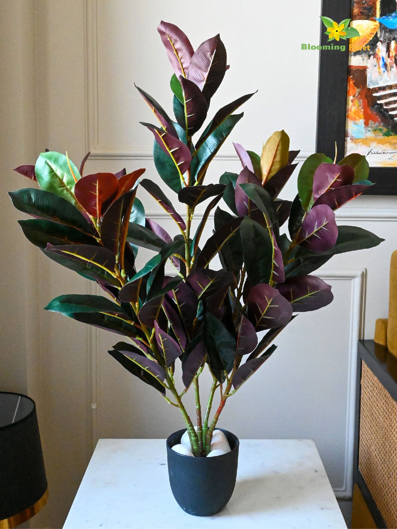 Artificial Rubber Plant – 85 cm, 104 Green and Red Leaves, with Basic Pot