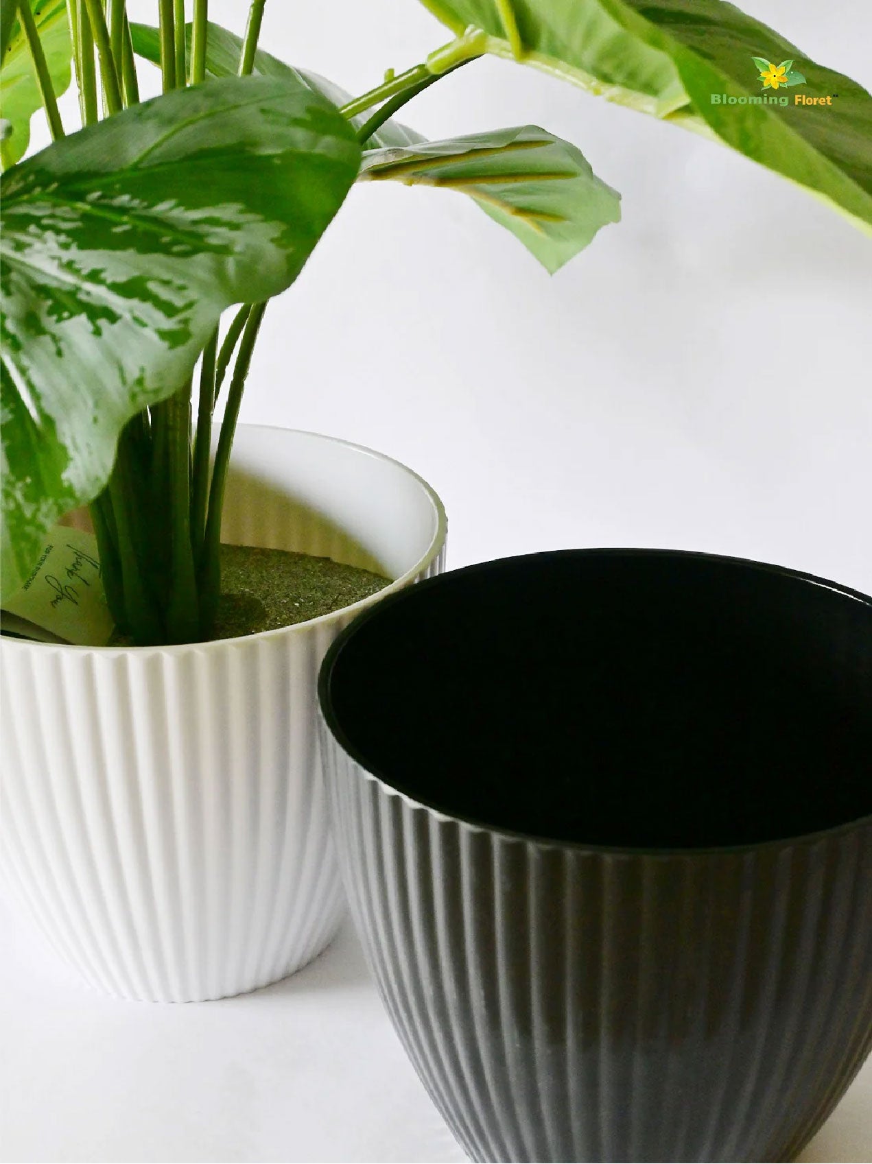 Elegant Ribbed Melamine Pot - Black and White