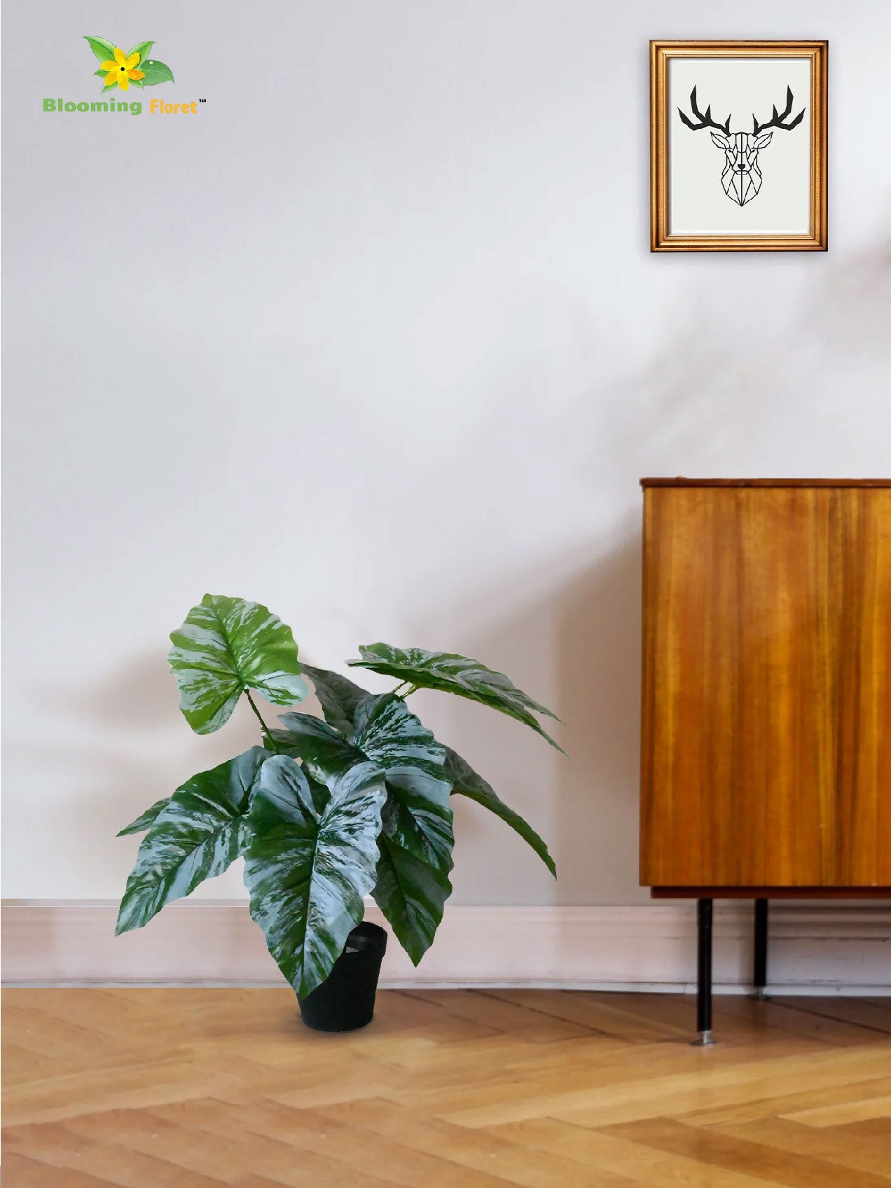 Artificial Caladium Plant – 65 cm, 12 Green and White Leaves, with Basic Pot