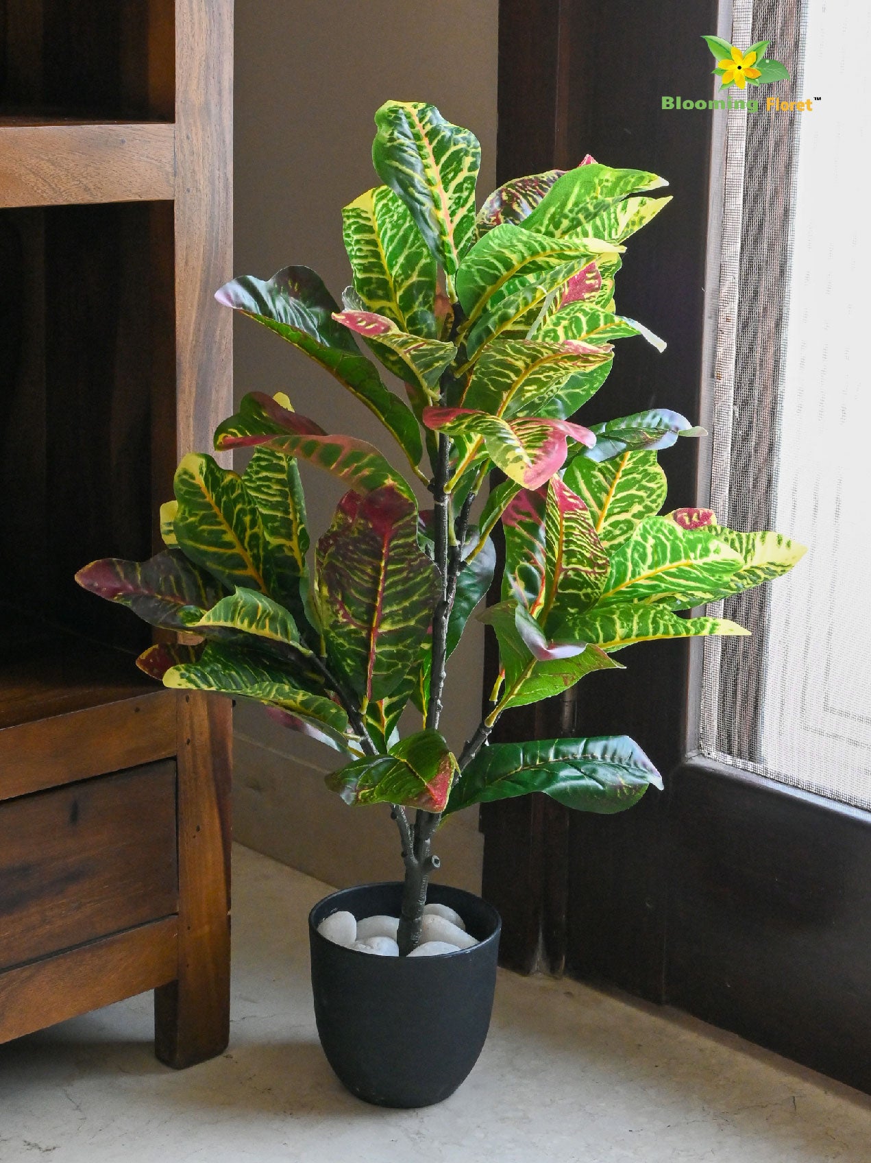 Artificial Croton Plant – 65 cm, 30 Leaves, with Basic Pot