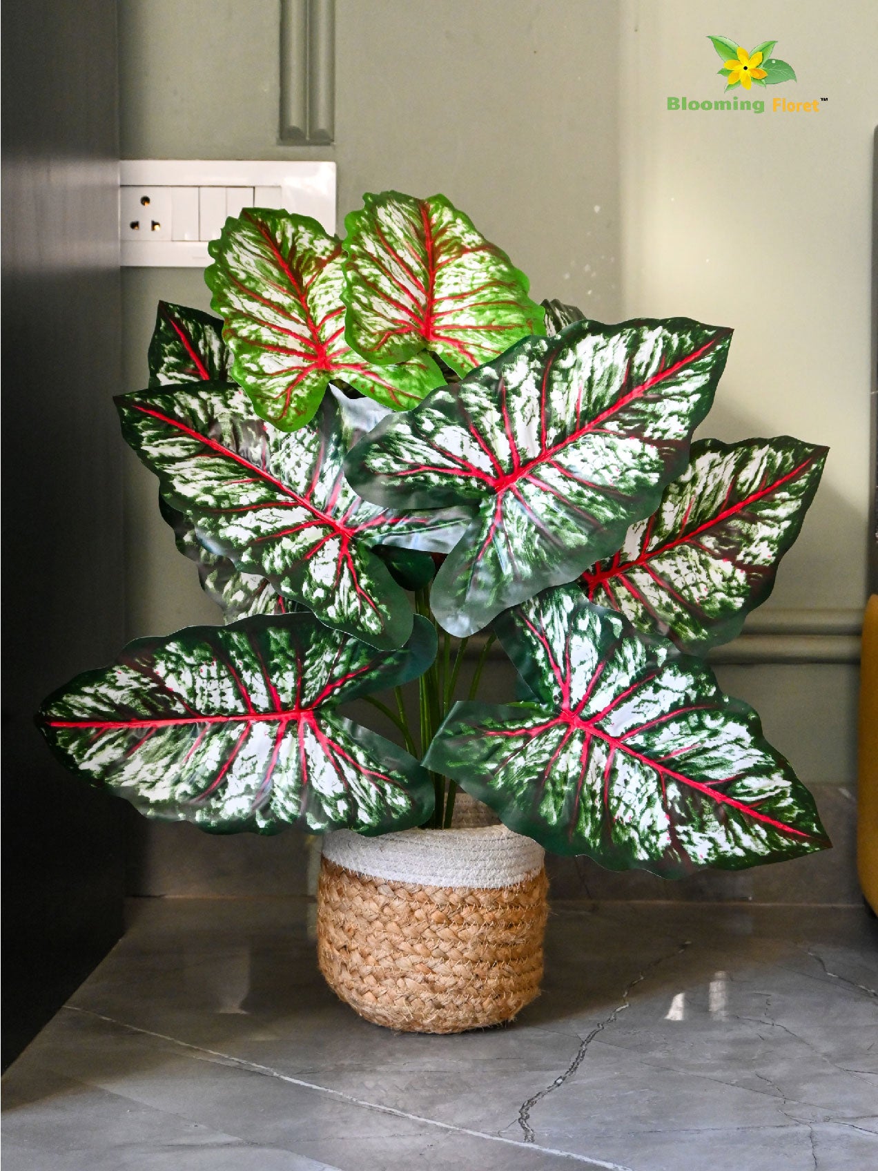 Artificial Caladium Plant – 65 cm, 12 Patterned Green, Pink and White Leaves, with Basic Pot