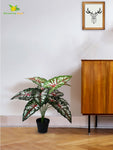 Artificial Caladium Plant – 65 cm, 12 Patterned Green, Pink and White Leaves, with Basic Pot
