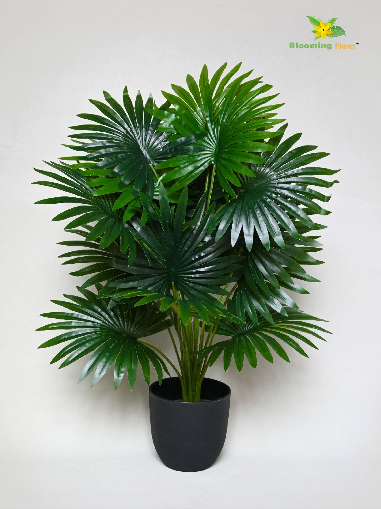 Artificial Fan Palm Plant | Patterned Green Leaves | 75 cm | 18 Leaves | With Basic Pot