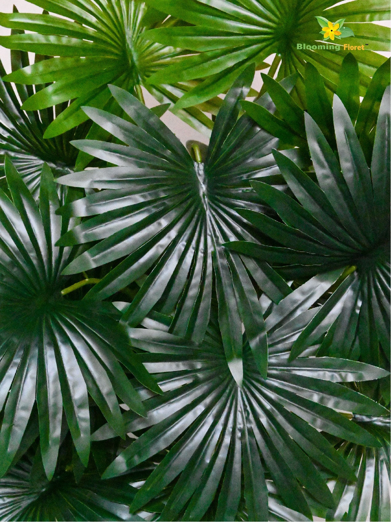 Artificial Fan Palm Plant | Patterned Green Leaves | 75 cm | 18 Leaves | With Basic Pot