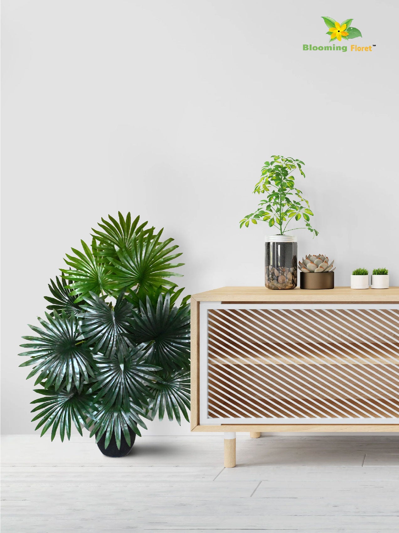 Artificial Fan Palm Plant | Patterned Green Leaves | 75 cm | 18 Leaves | With Basic Pot
