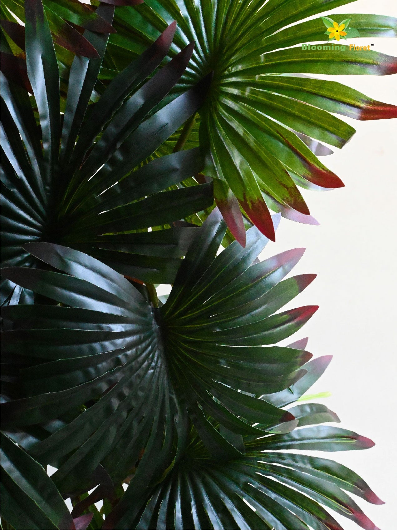 Artificial Fan Palm Plant | Patterned Green & Red Leaves | 88 cm | 18 Leaves | With Basic Pot