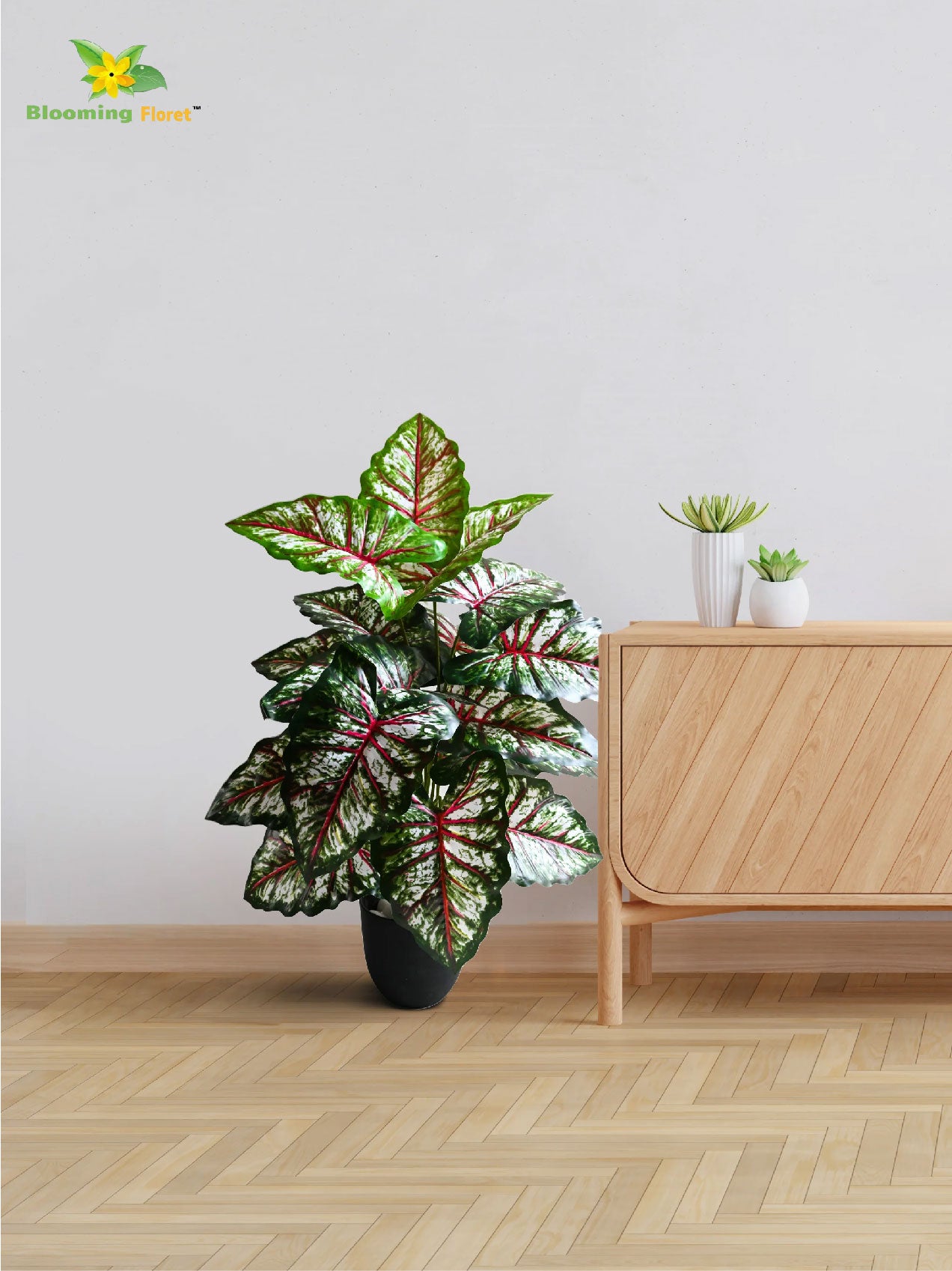 Artificial Tropical Caladium Plant – 78 cm, 18 Patterned Red and White Leaves, with Basic Pot