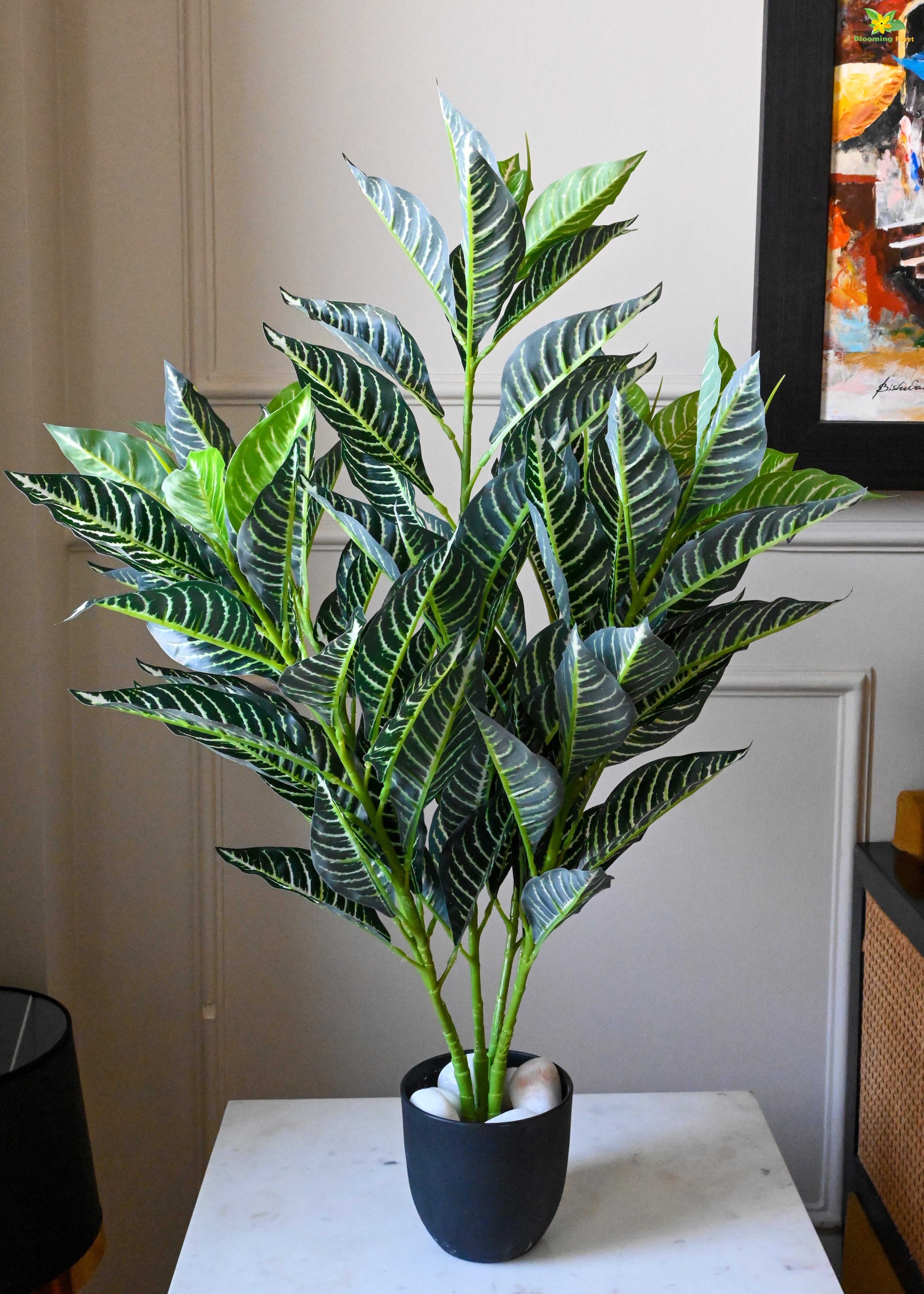 Artificial White Veined Croton Plant | 104 Leaves with Basic Pot | 85 cm