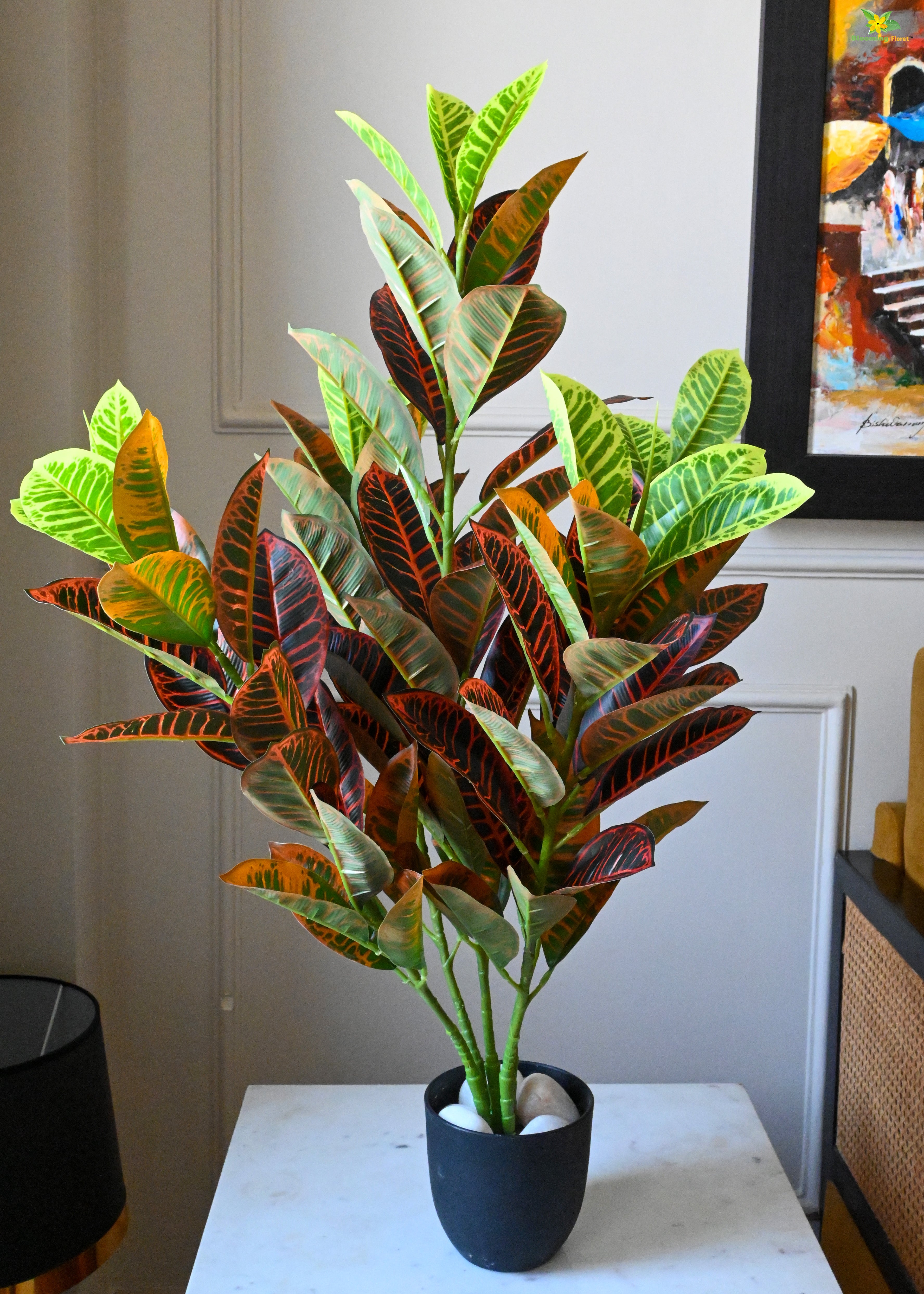 Artificial Garden Croton Plant for Decor | 104 Leaves with Basic Pot | 85 cm