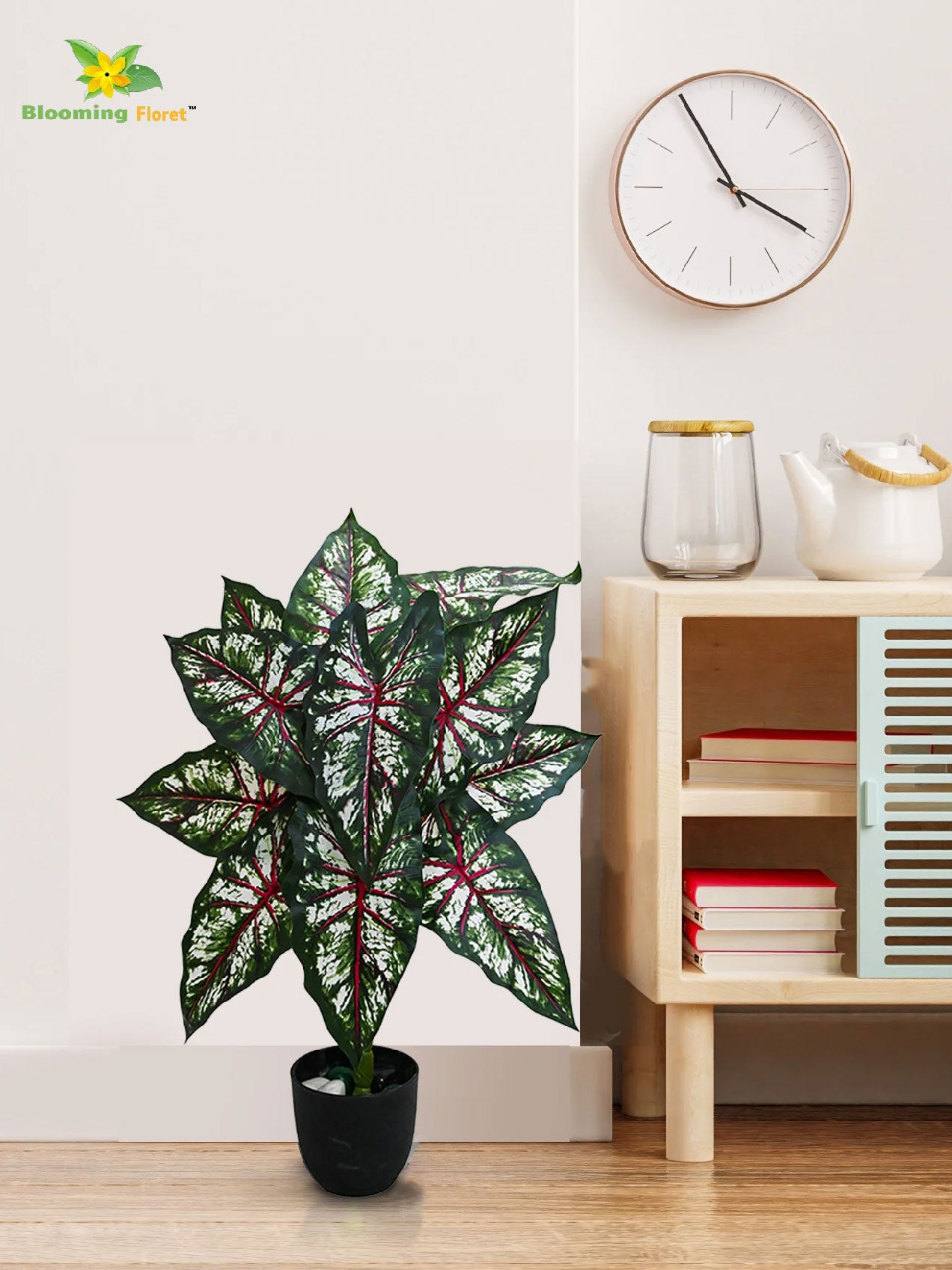 Artificial Tropical Caladium Plant – 78 cm, 12 Green, Red and White Leaves, with Basic Pot