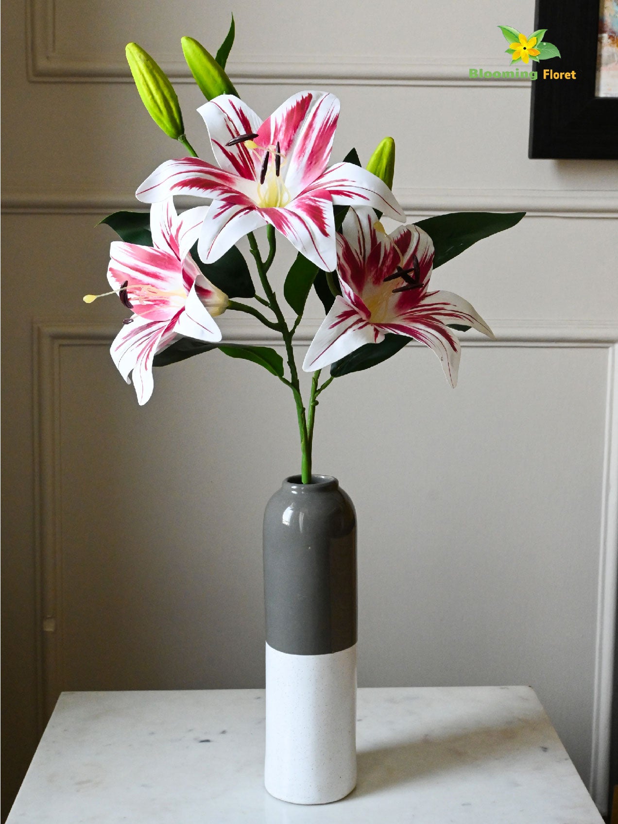 Artificial Lily Flower Stick | White & Magenta | 88 cm