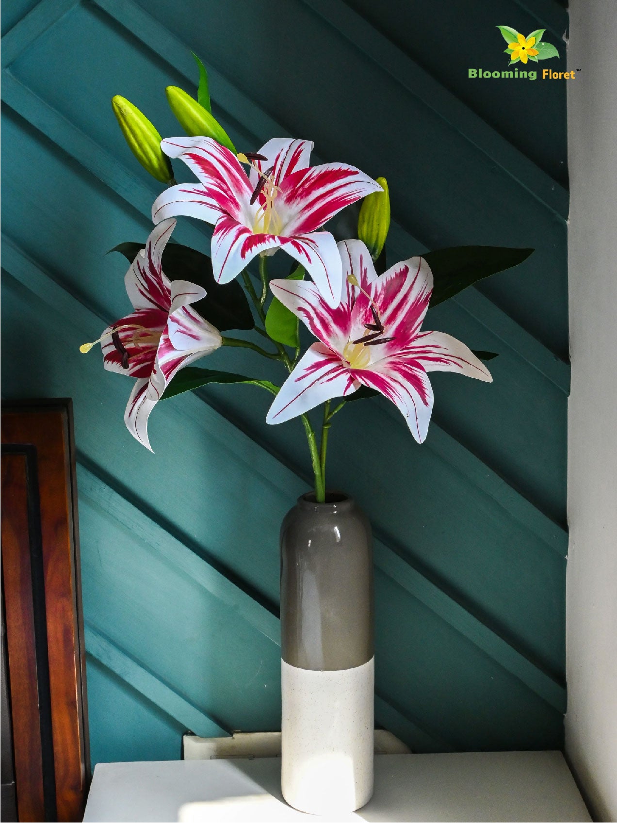 Artificial Lily Flower Stick | White & Magenta | 88 cm