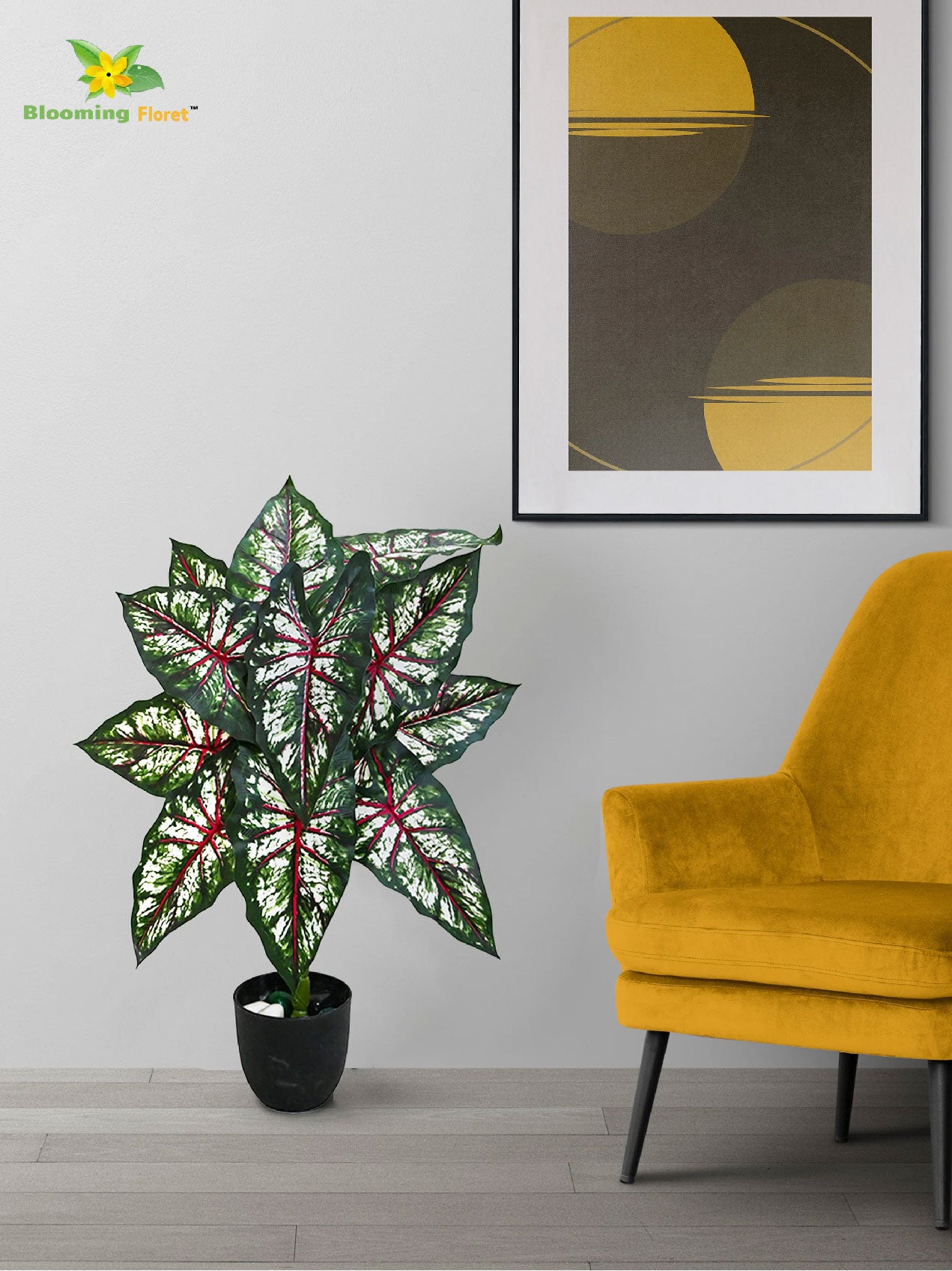 Artificial Tropical Caladium Plant – 78 cm, 12 Green, Red and White Leaves, with Basic Pot