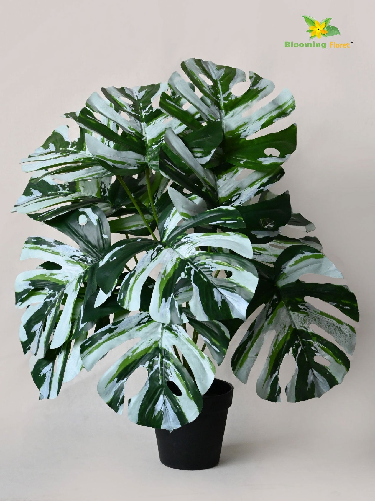 Artificial Monstera Plant – 60 cm, 12 Leaves, Green-White, with Basic Pot
