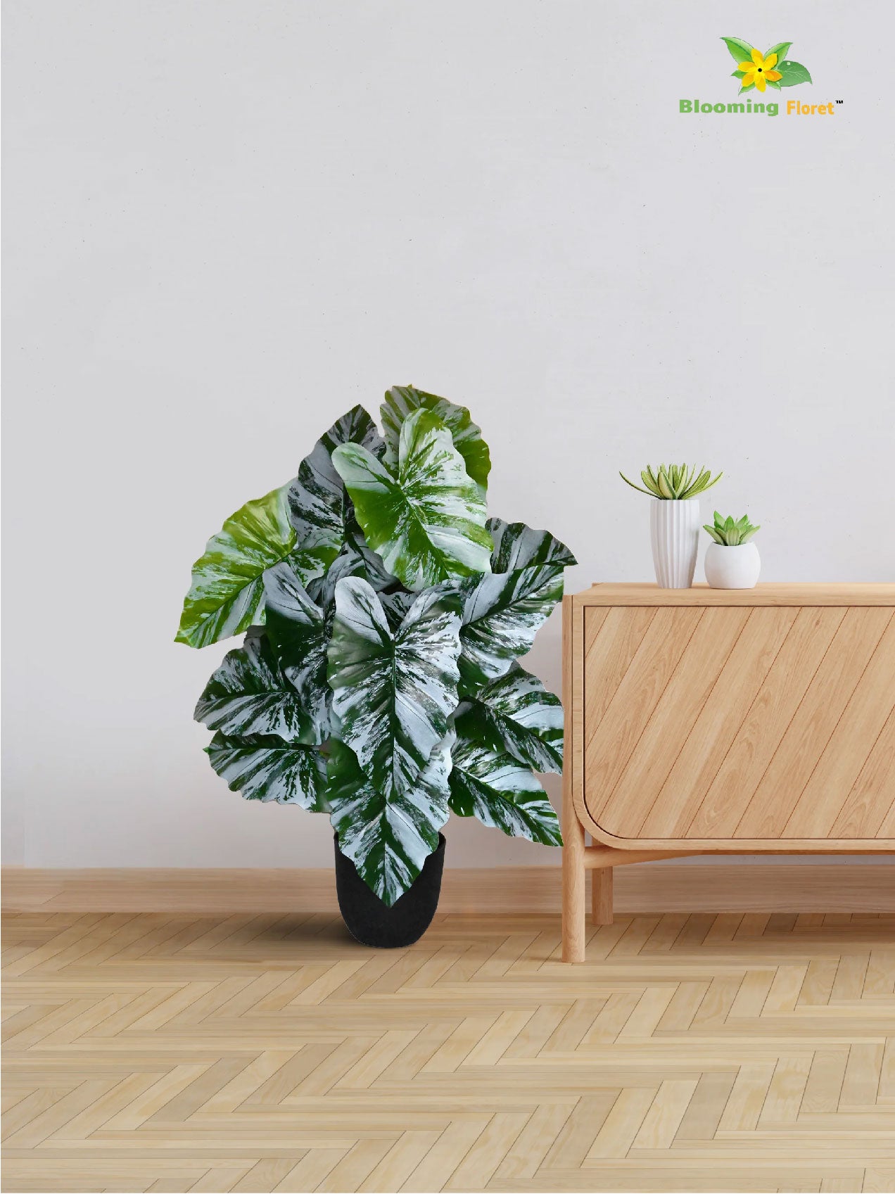 Artificial Tropical Caladium Plant – 78 cm, 18 Green and White Leaves, with Basic Pot