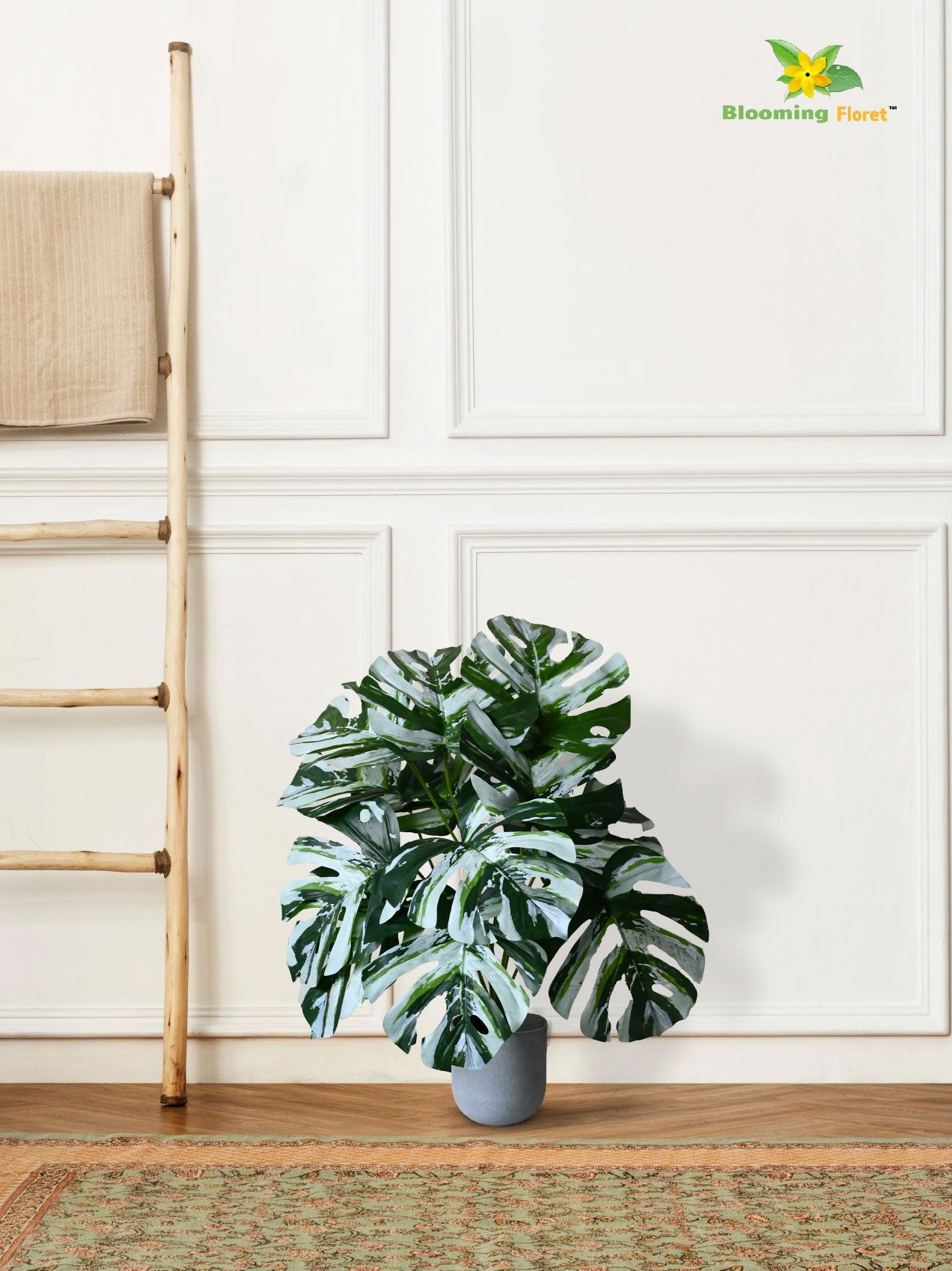 Artificial Monstera Plant – 60 cm, 12 Leaves, Green-White, with Basic Pot