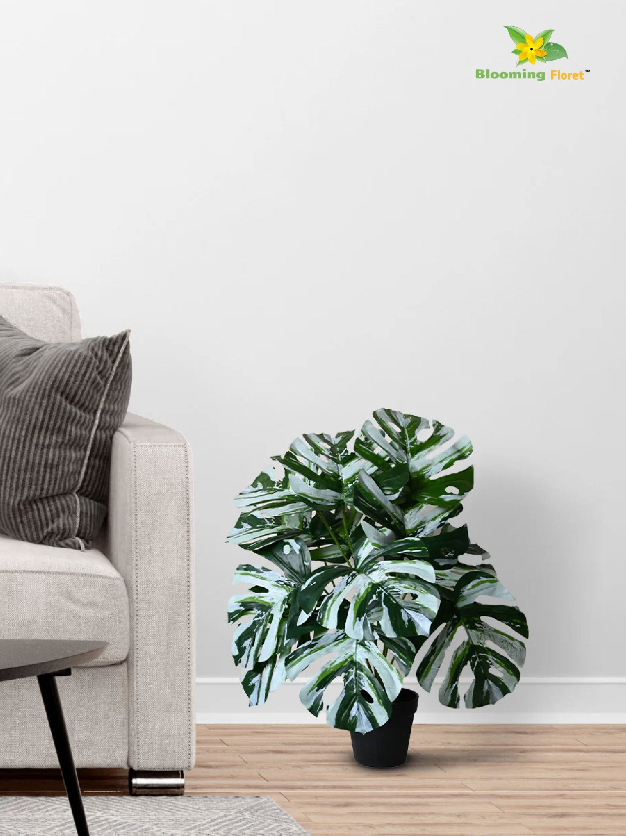 Artificial Monstera Plant – 60 cm, 12 Leaves, Green-White, with Basic Pot