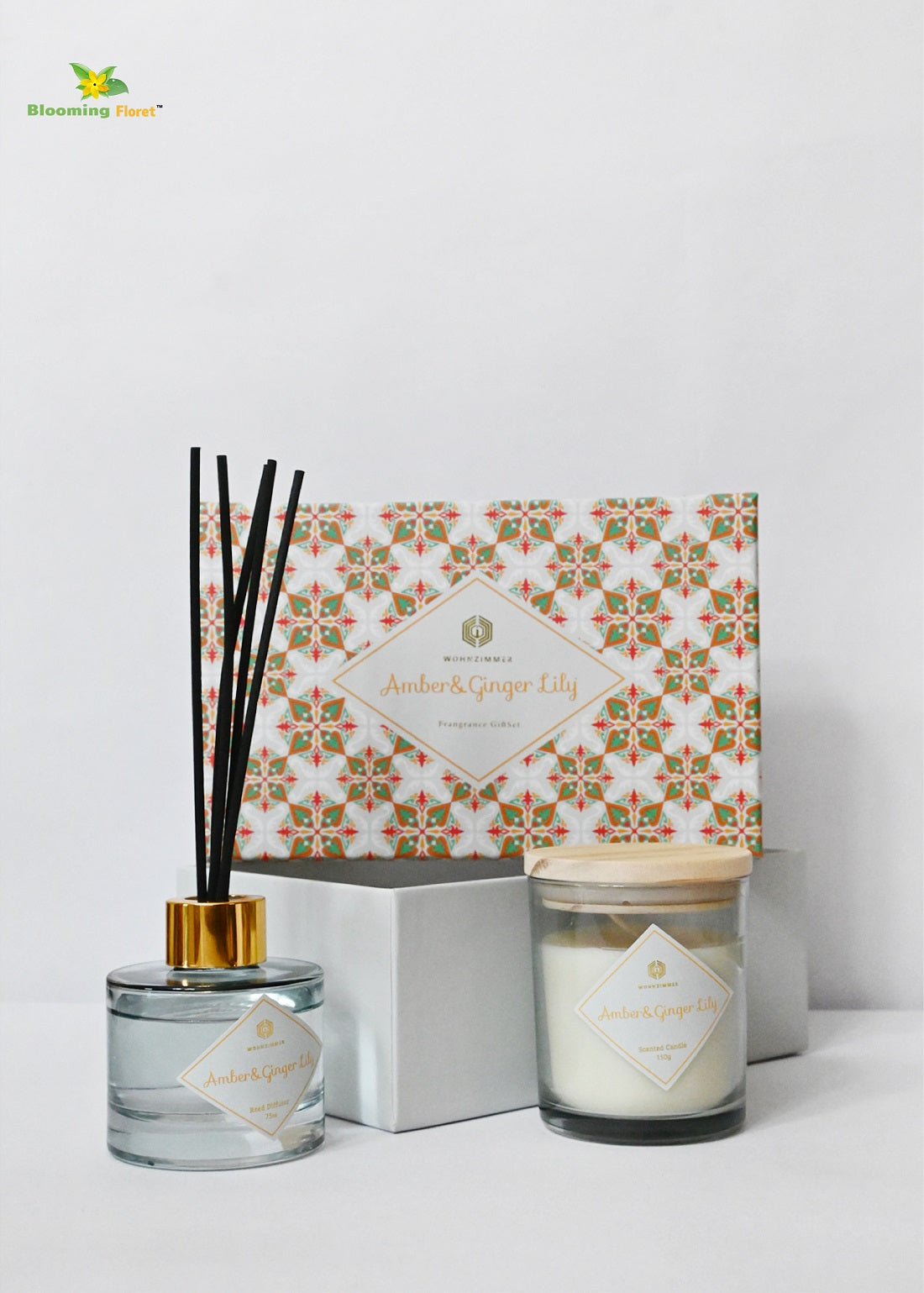 Reed Fragrance Diffuser & Scented Candles - Amber Ginger & Lily