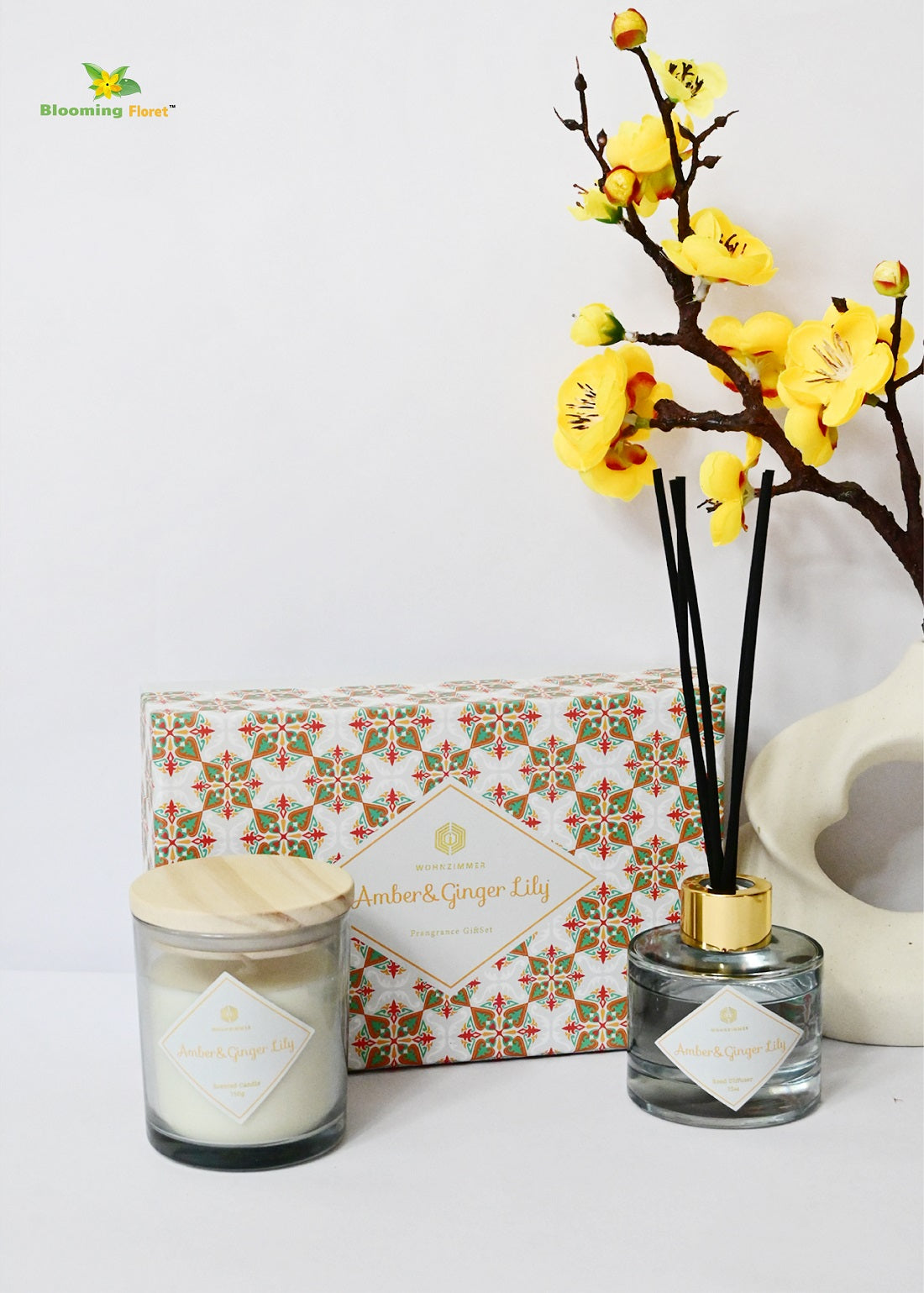 Reed Fragrance Diffuser & Scented Candles - Amber Ginger & Lily
