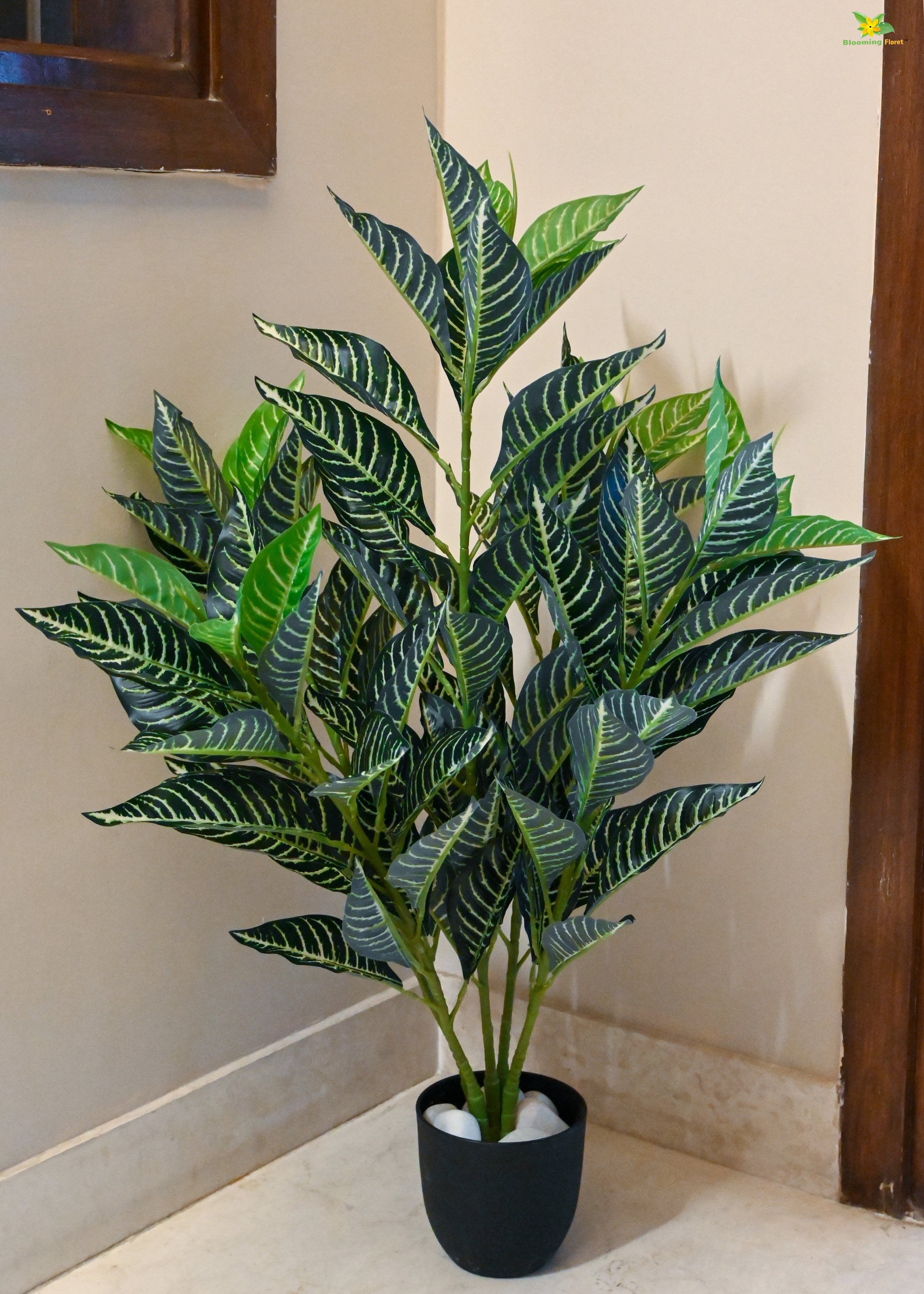 Artificial White Veined Croton Plant | 104 Leaves with Basic Pot | 85 cm