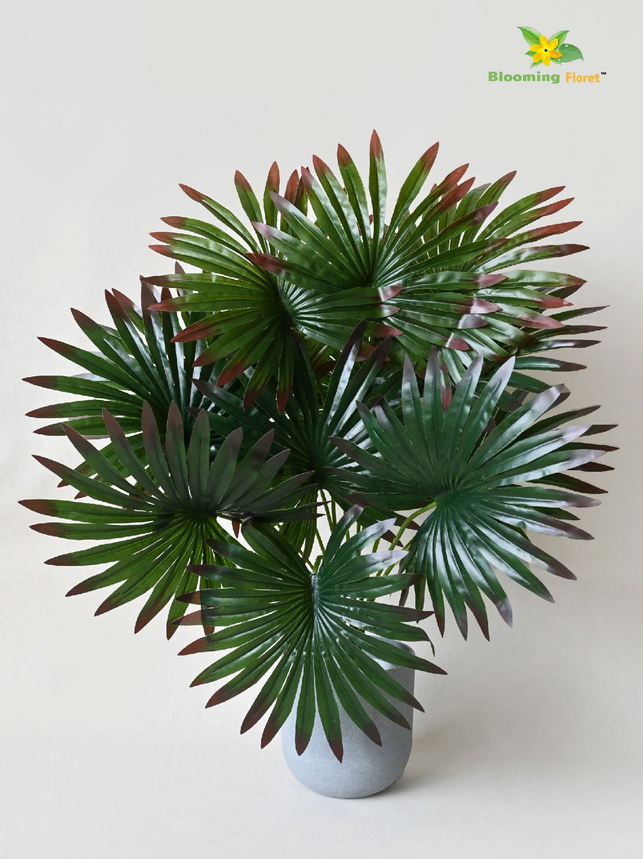 Artificial Fan Palm Plant – 65 cm, 12 Patterned Green Red Leaves, with Basic Pot