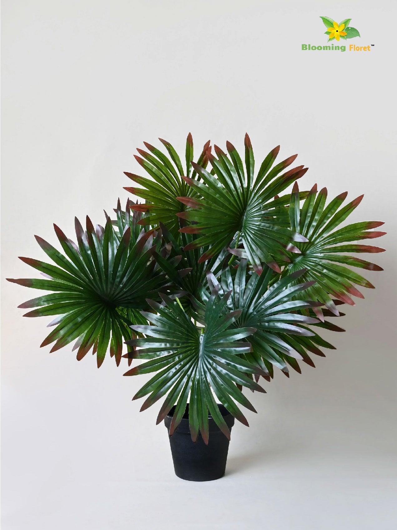 Artificial Fan Palm Plant – 65 cm, 12 Patterned Green Red Leaves, with Basic Pot