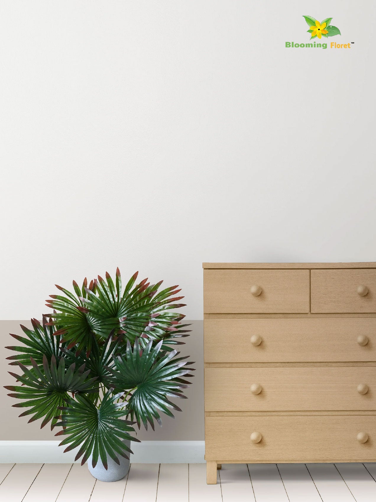 Artificial Fan Palm Plant – 65 cm, 12 Patterned Green Red Leaves, with Basic Pot