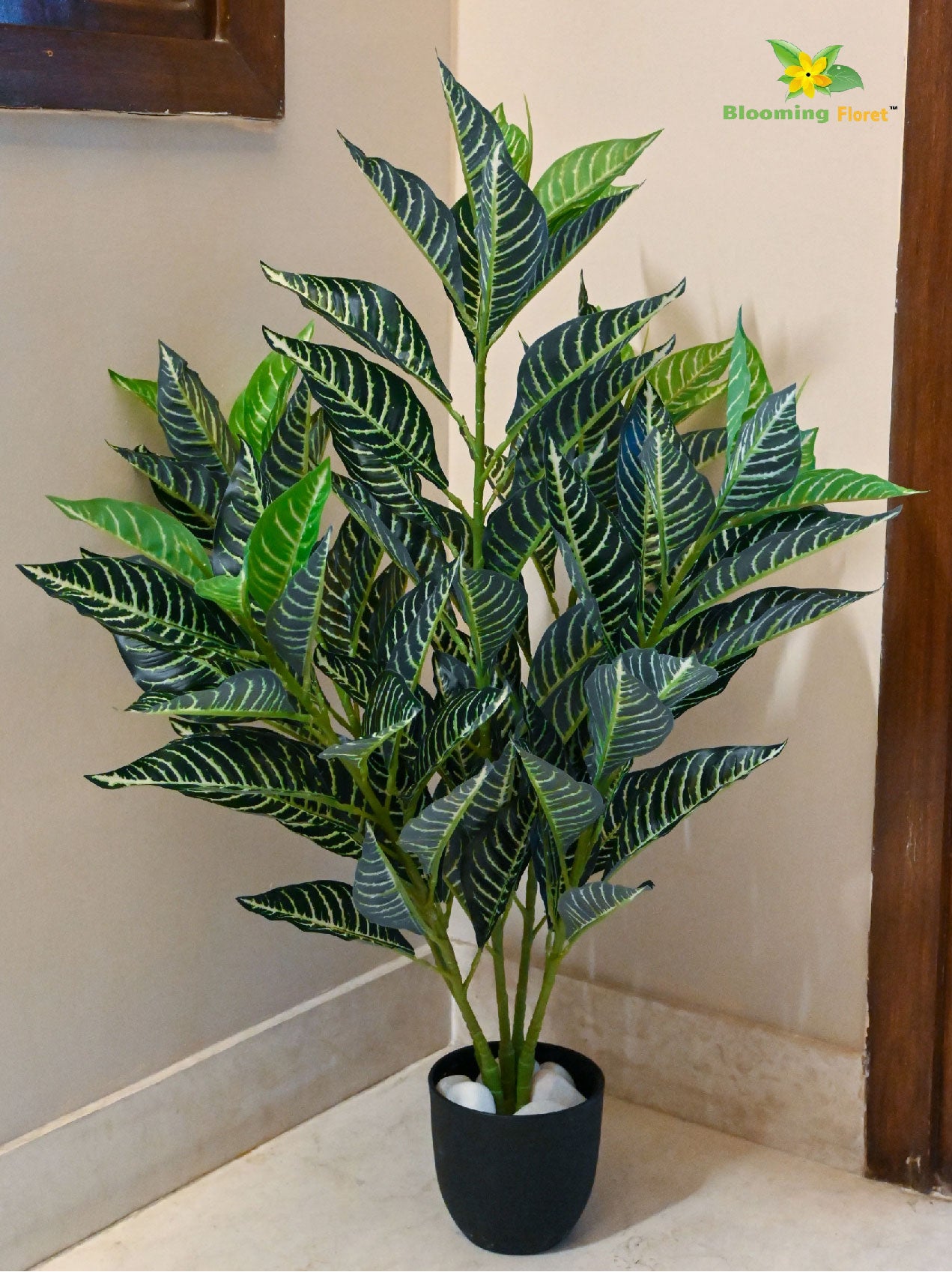 Artificial White Veined Croton Plant – 85 cm, 104 Leaves, with Basic Pot