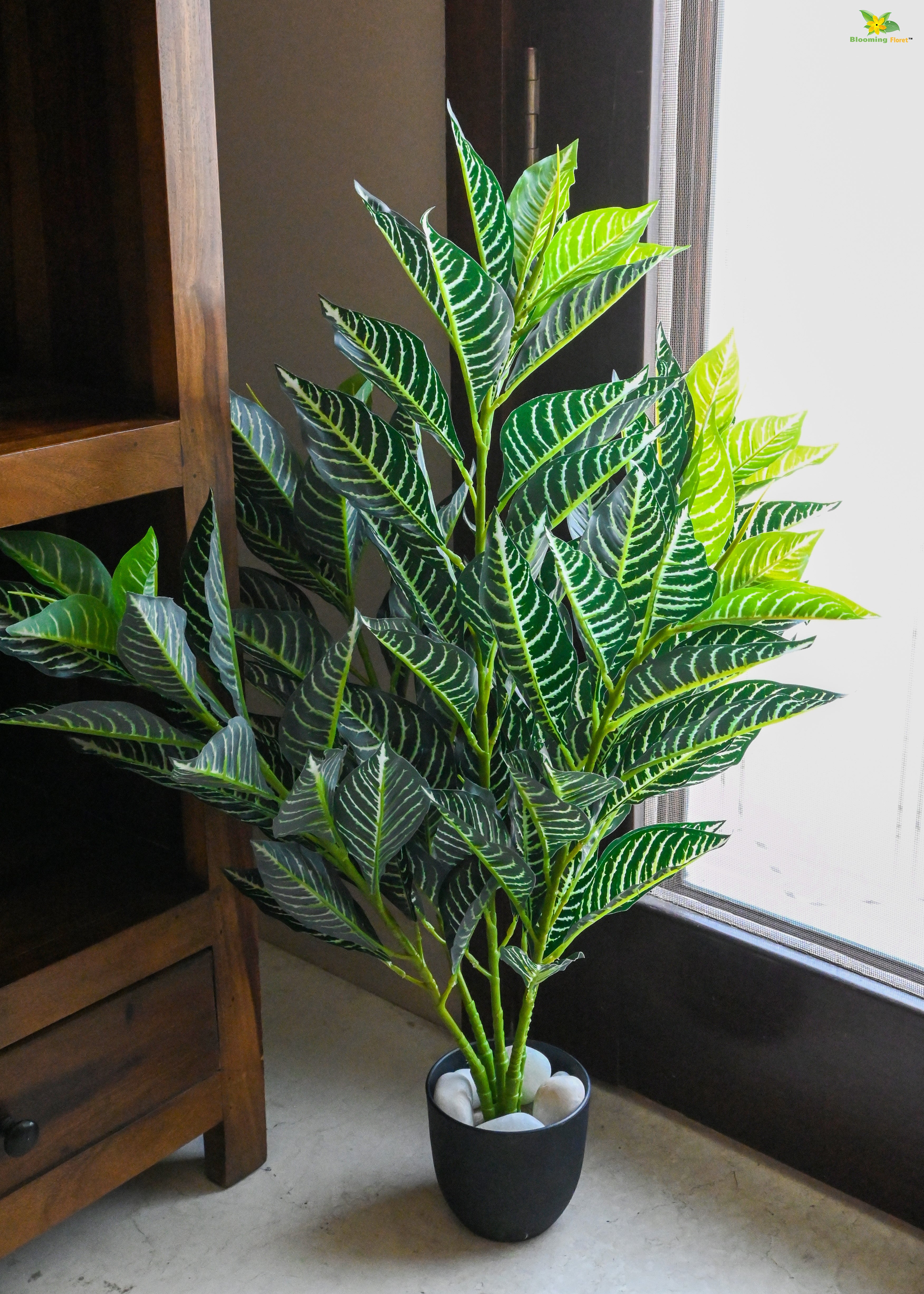 Artificial White Veined Croton Plant | 104 Leaves with Basic Pot | 85 cm