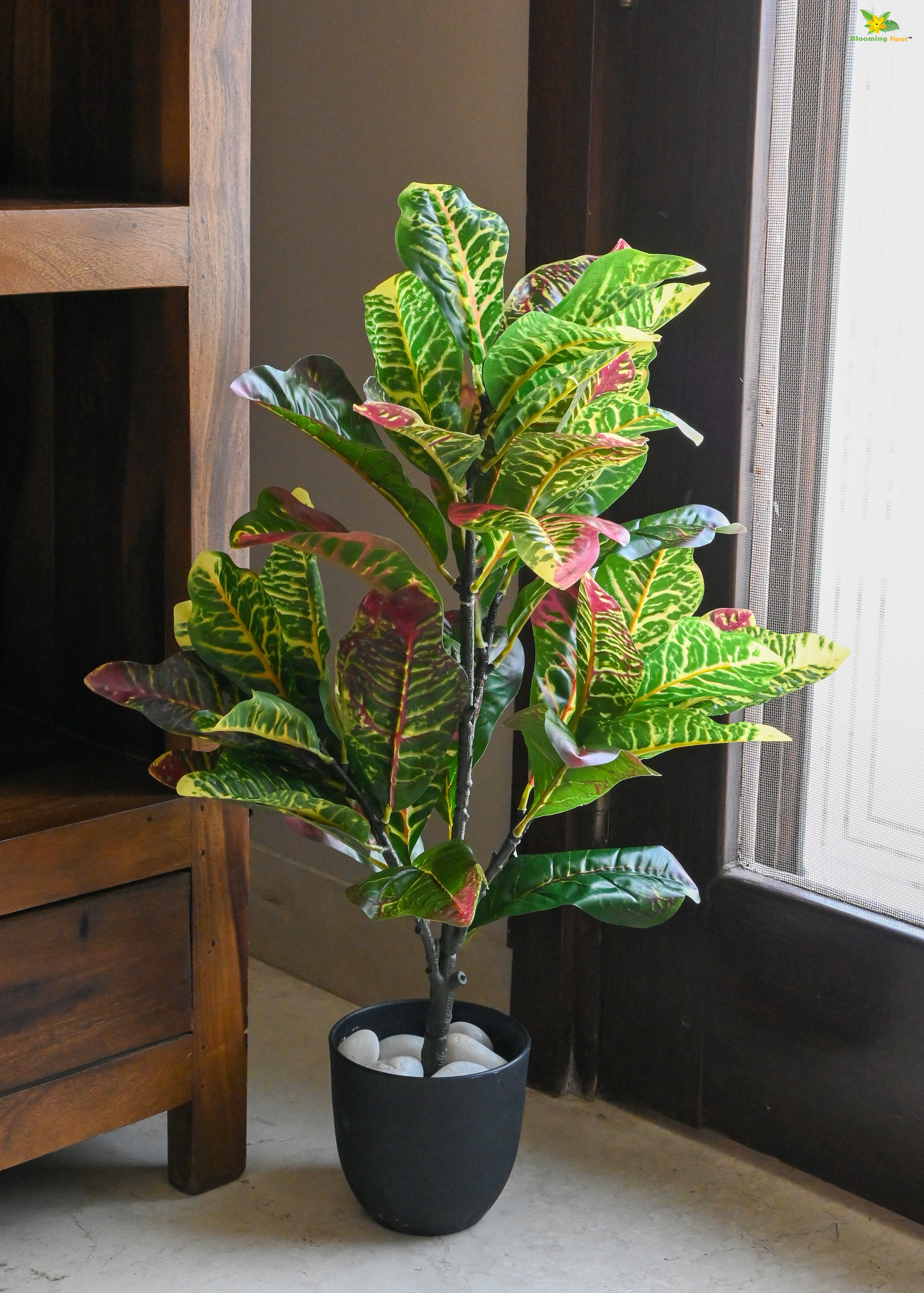 Artificial Garden Croton Plant for Decor 30 Leaves with Basic Pot | 65 cm