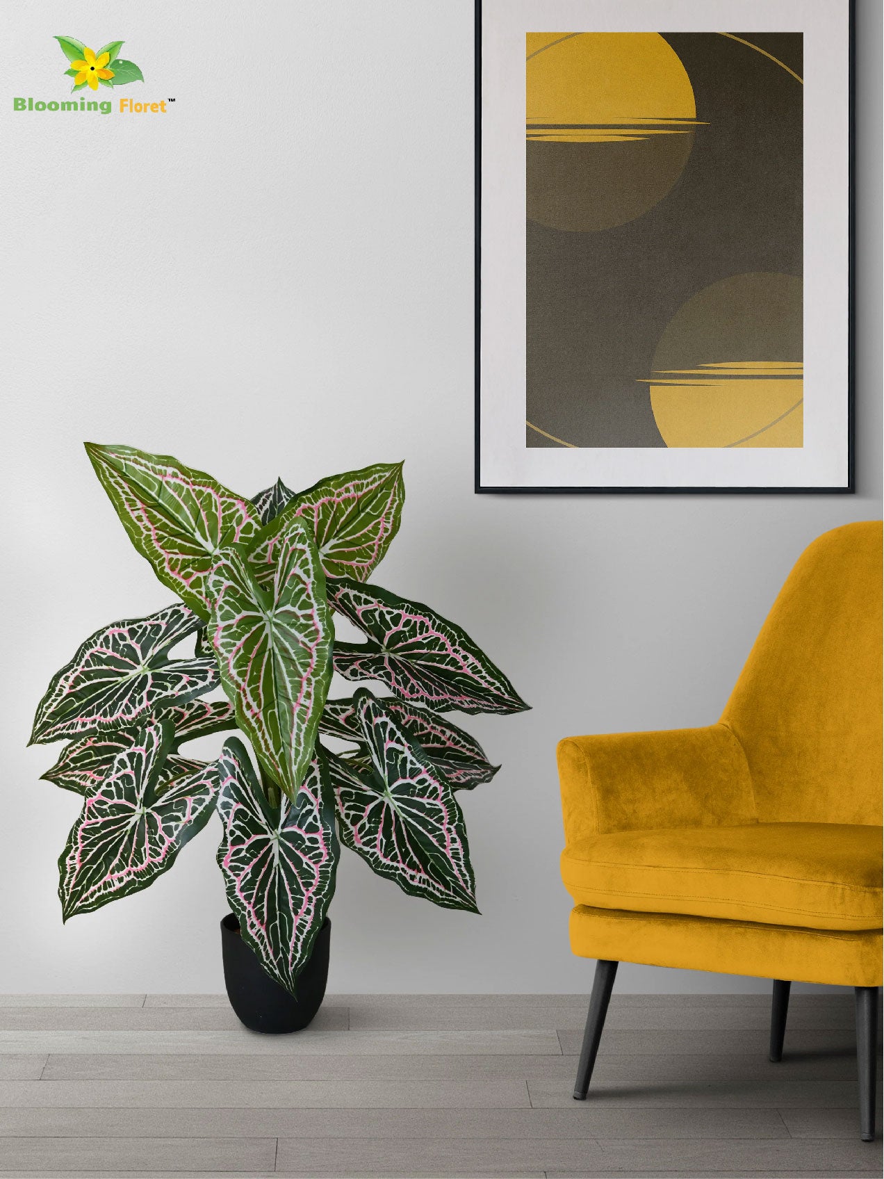 Artificial Web Pattern Caladium Plant – 78 cm, 12 Leaves, with Basic Pot