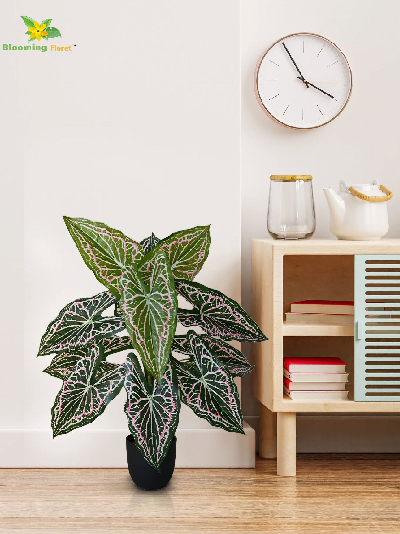 Artificial Web Pattern Caladium Plant – 78 cm, 12 Leaves, with Basic Pot