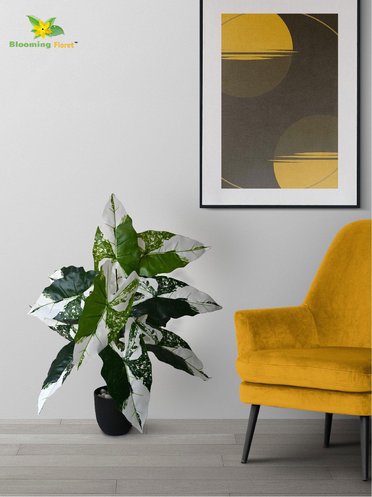 Artificial Caladium Plant – 78 cm, 12 Green and White Leaves, with Basic Pot