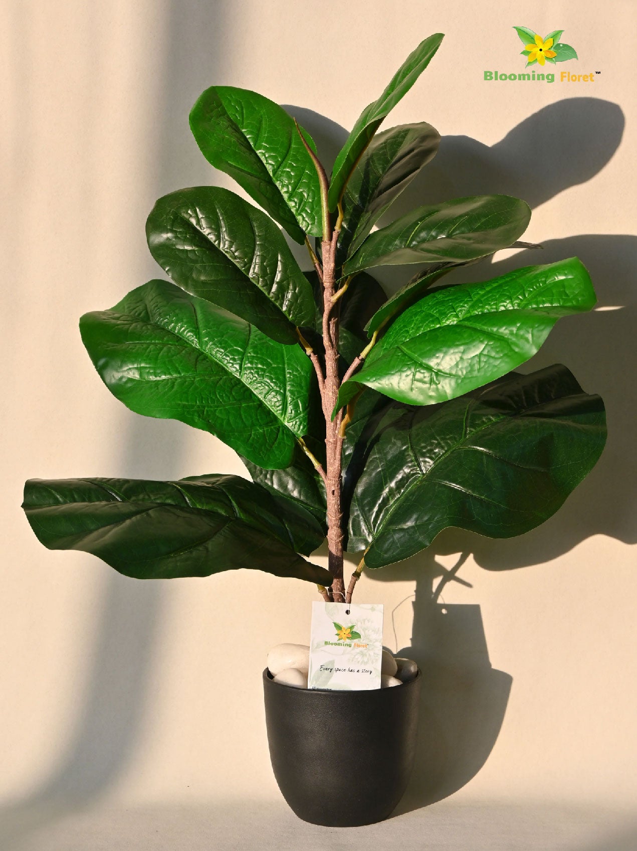 Artificial Fiddle-Leaf Fig Plant – 58.4 cm, 11 Leaves, Green Mix, with Basic Pot