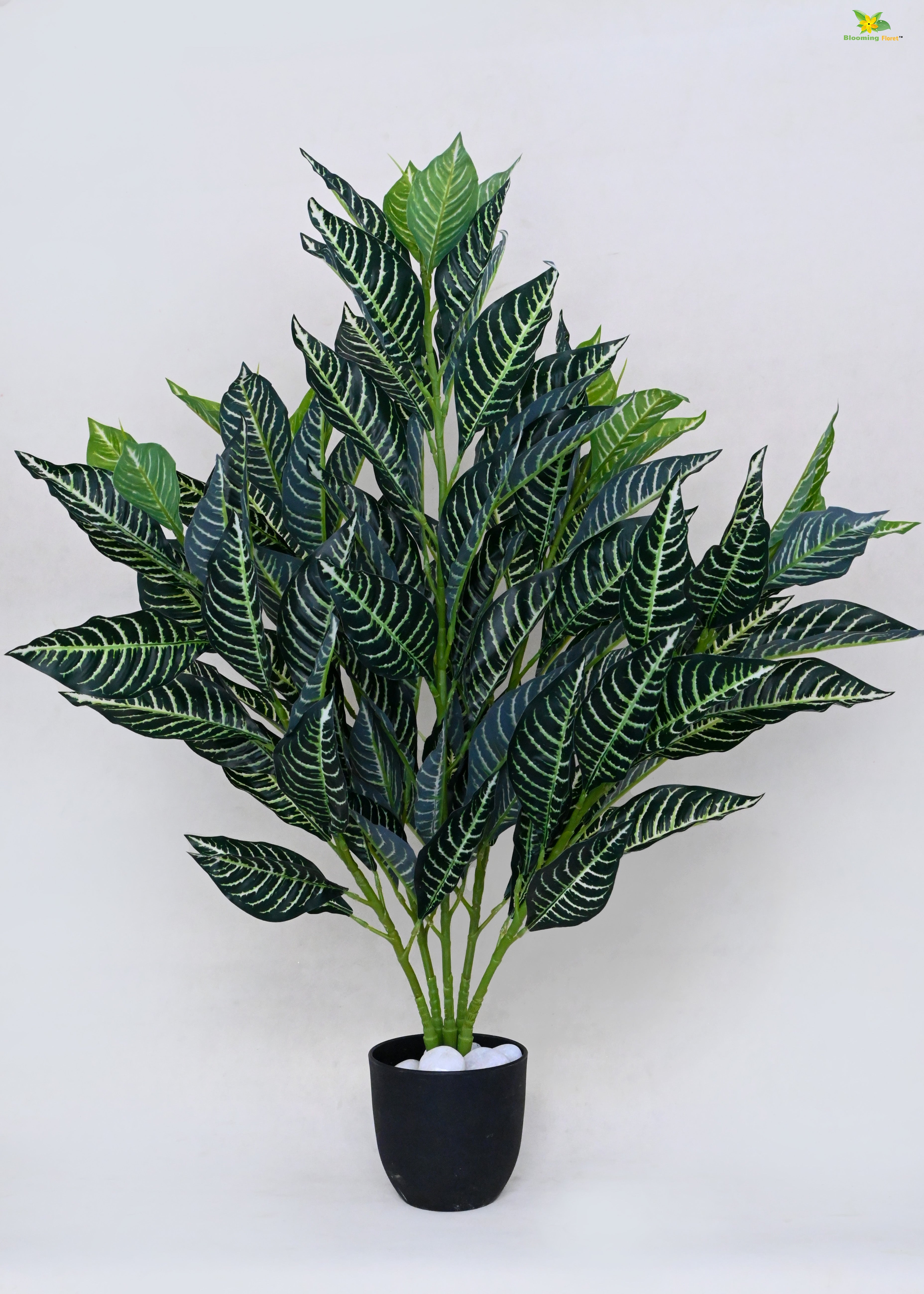 Artificial White Veined Croton Plant | 104 Leaves with Basic Pot | 85 cm