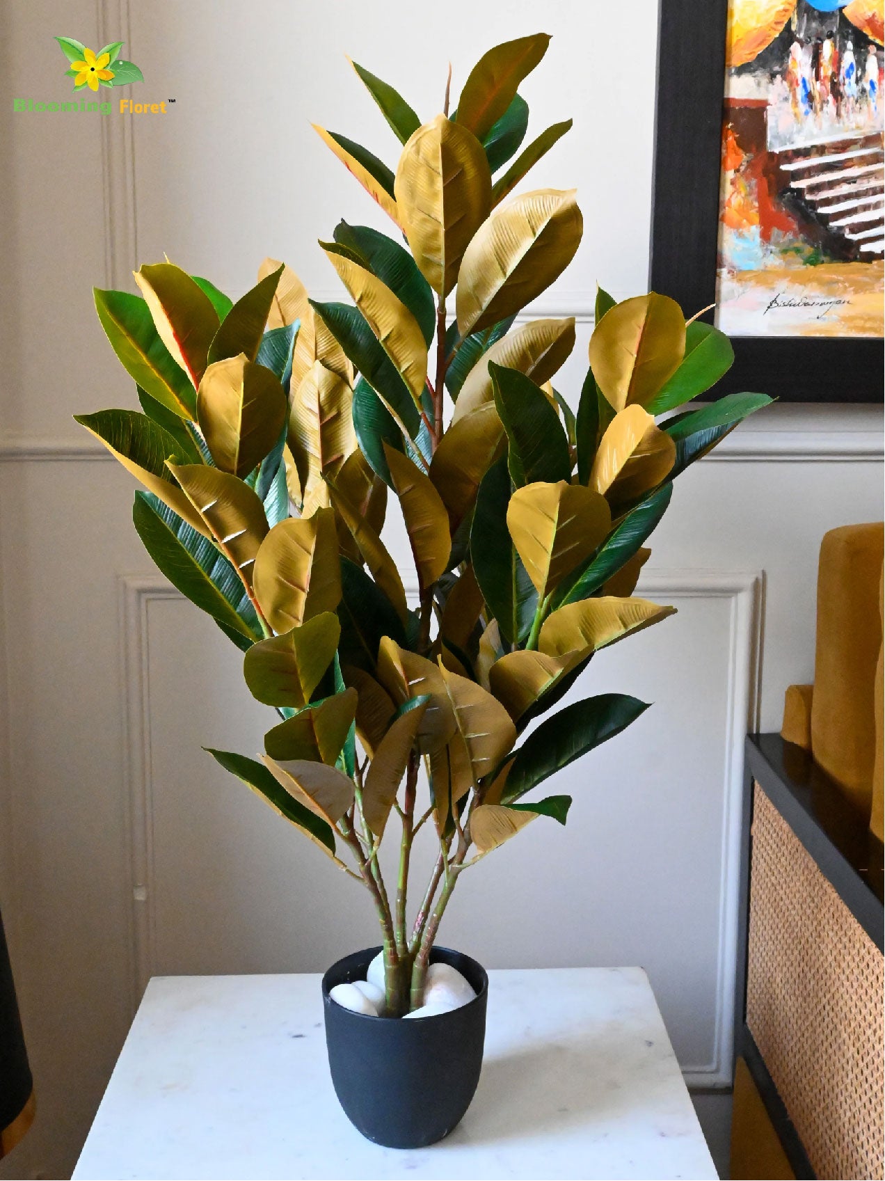 Artificial Rubber Plant – 85 cm, 104 Green and Yellow Leaves, with Basic Pot