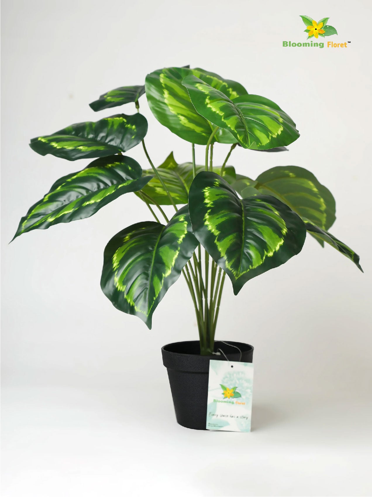 Artificial Philodendron Plant | Patterned Green Leaves | 50 cm | 12 Leaves | With Basic Pot