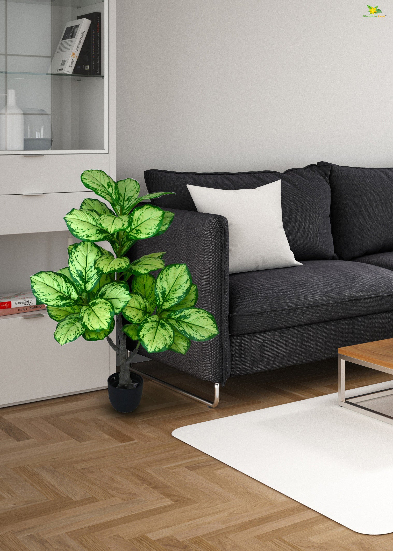 Artificial Dieffenbachia Honeydew Plant for Decor | 33 Leaves with Basic Pot | 95 cm