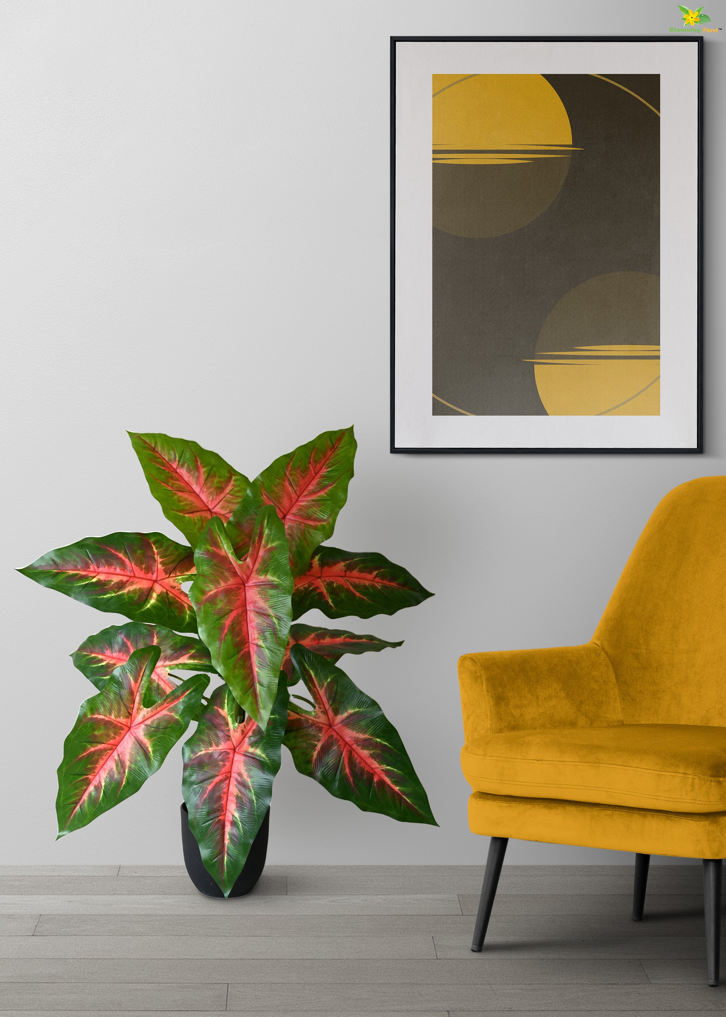 Artificial Red Patched Caladium Plant for Decor | 12 Leaves with Basic Pot | 78.7 cm