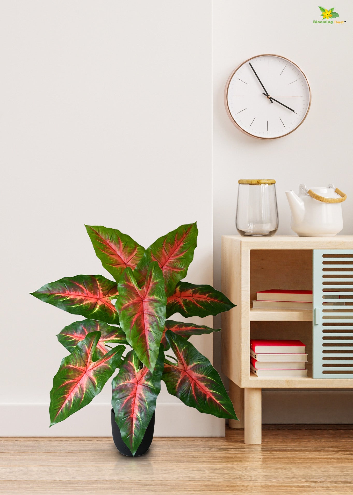 Artificial Red Patched Caladium Plant for Decor | 12 Leaves with Basic Pot | 78.7 cm