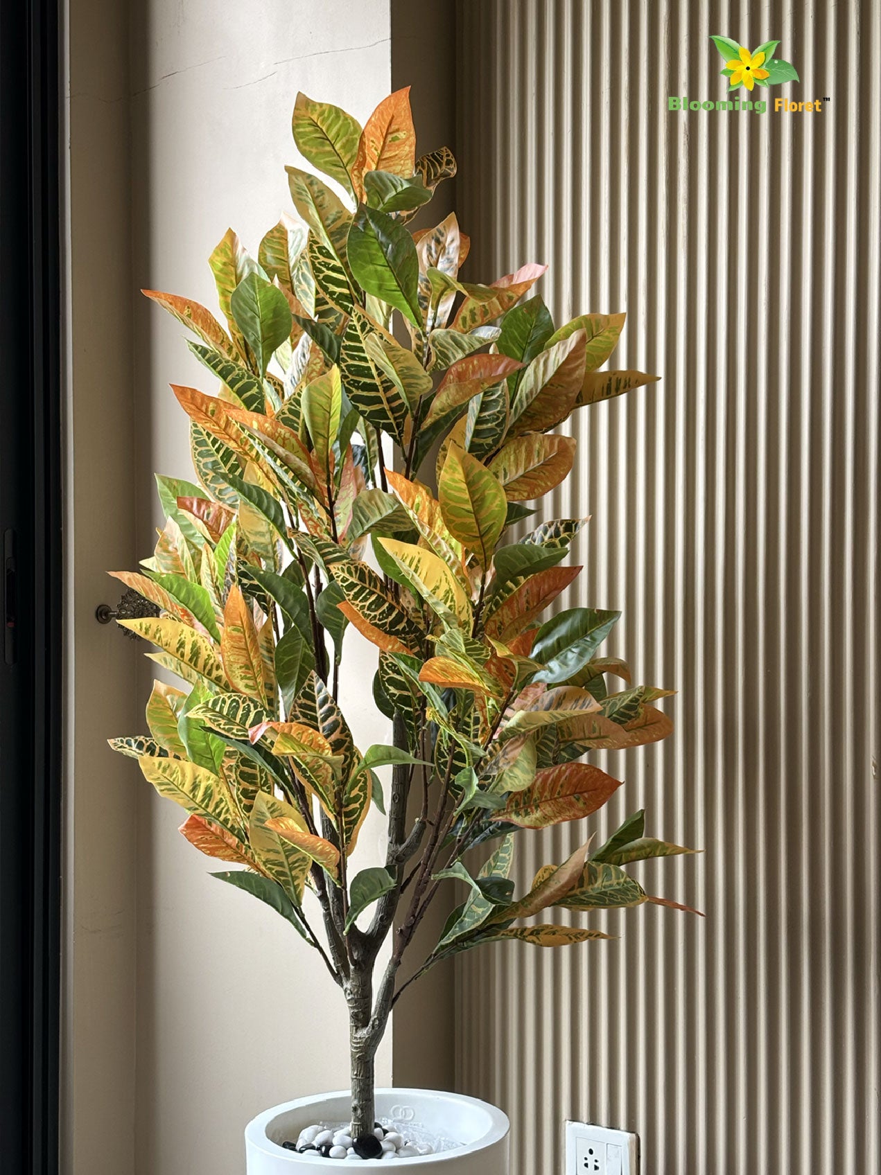 Premium Artificial Croton Plant | 160 cm | Orange-Green Mix Leaves | With Basic Pot