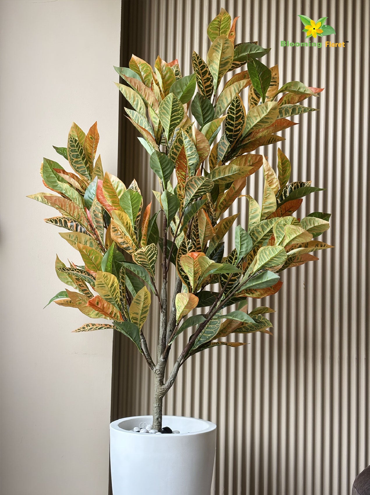 Premium Artificial Croton Plant | 160 cm | Orange-Green Mix Leaves | With Basic Pot