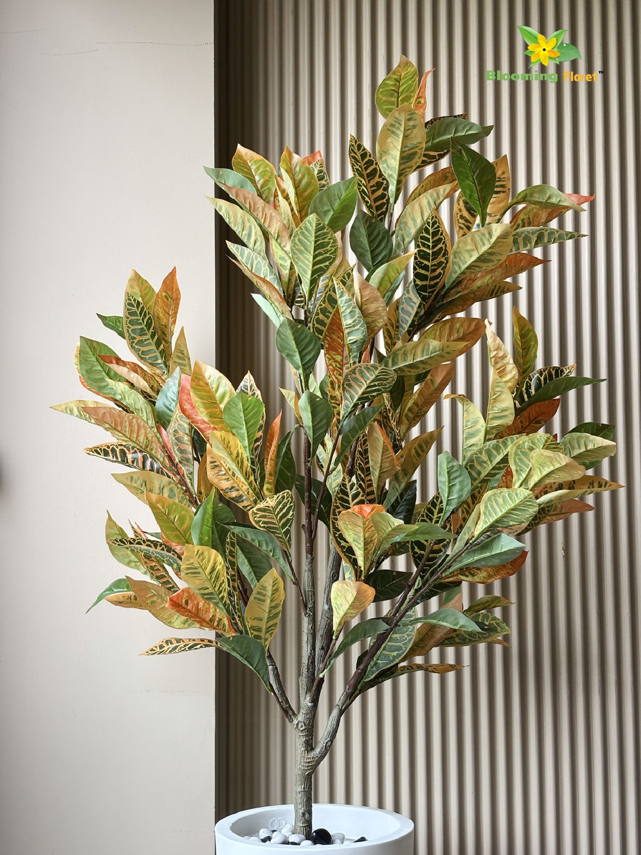 Premium Artificial Croton Plant | 160 cm | Orange-Green Mix Leaves | With Basic Pot