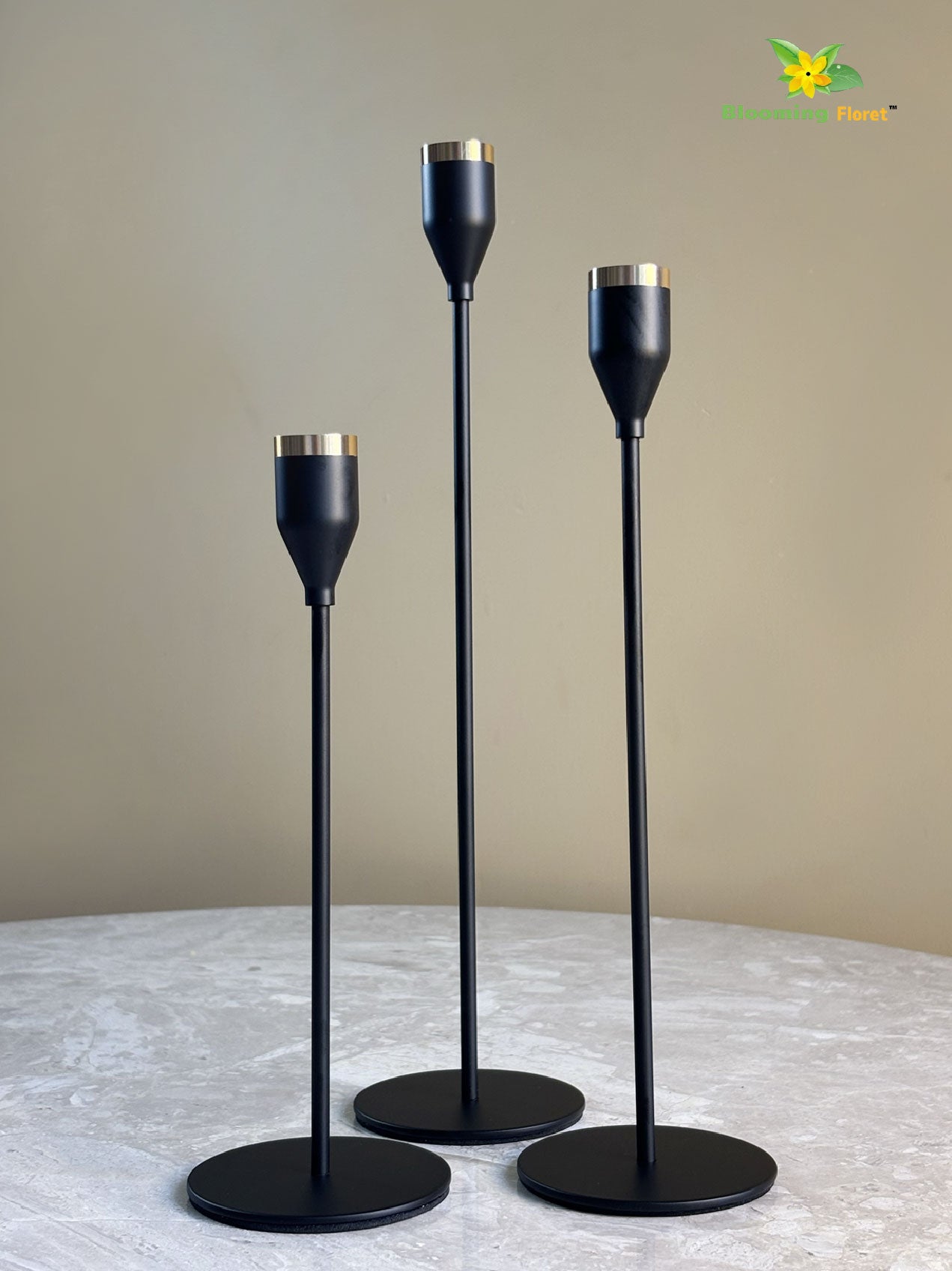 Candle Holder with Gold Accent | Matt Black | Set of 3