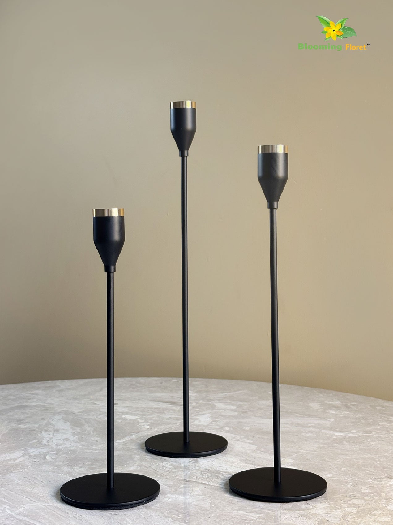 Candle Holder with Gold Accent | Matt Black | Set of 3